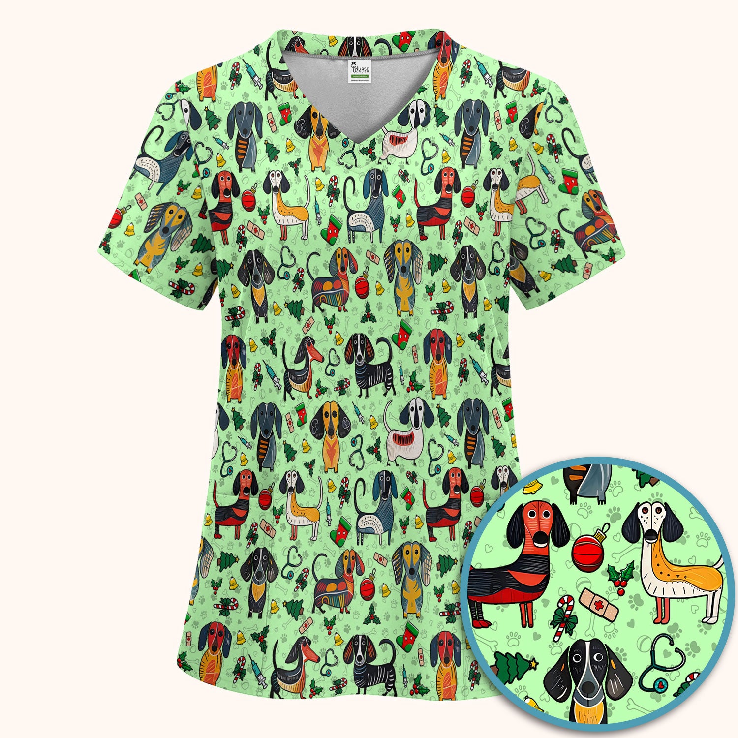 Dachshund Christmas Scrub Set - Cute Wiener Dog Pants and V Neck Top - Holiday Medical Uniform