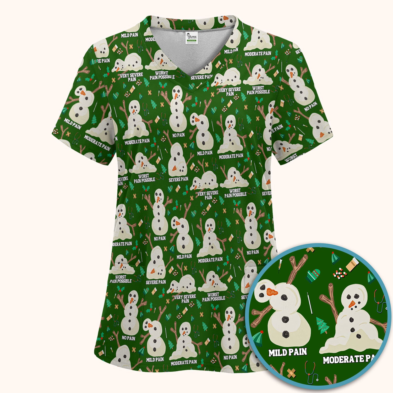Funny Snowman Pain Scale Scrub Set for Nurse - Christmas Medical Pants and V Neck Top for Women RN LPN CNA
