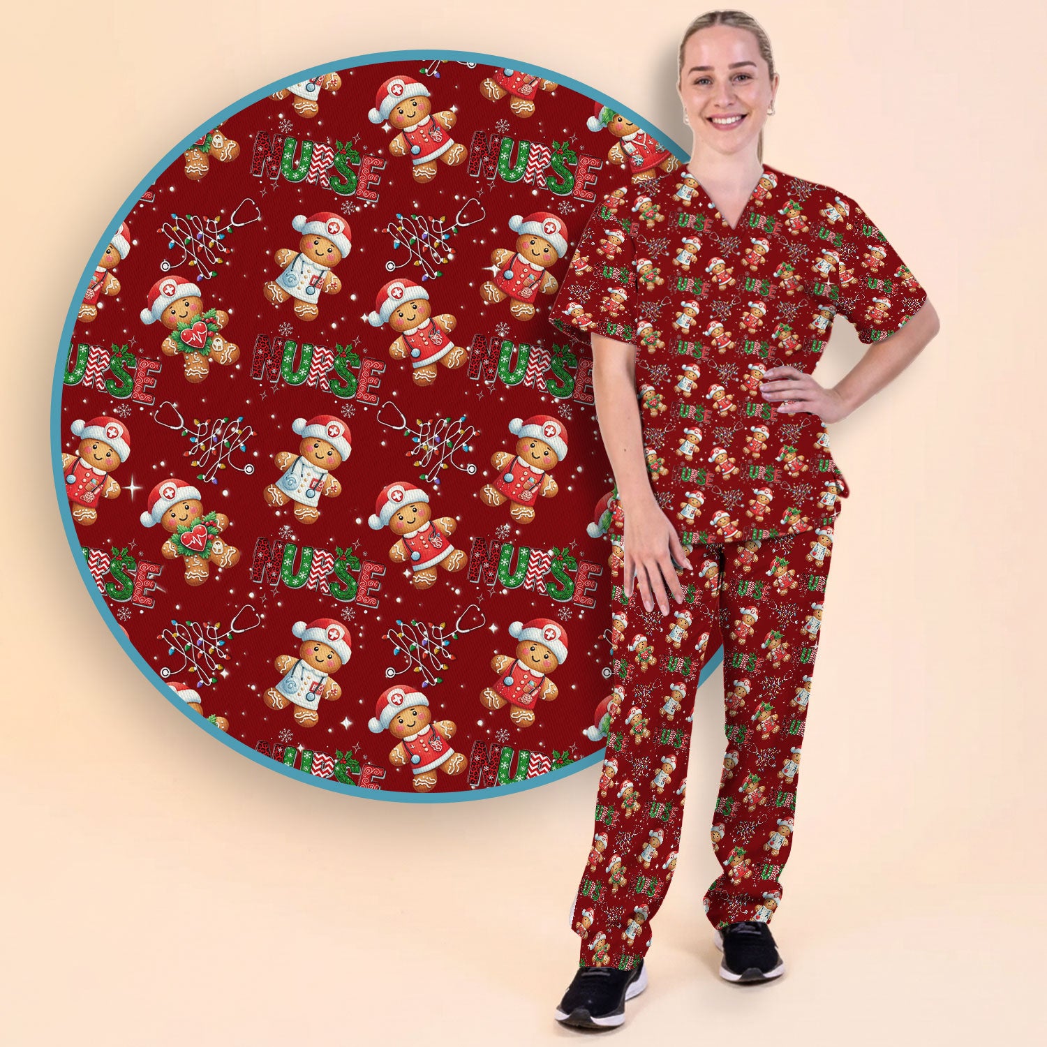Christmas Gingerbread Women's Scrub Sets - Comfortable Scrubs for Nurses - Funny Xmas Scrub Pants and V Neck Top for RN CNA LPN