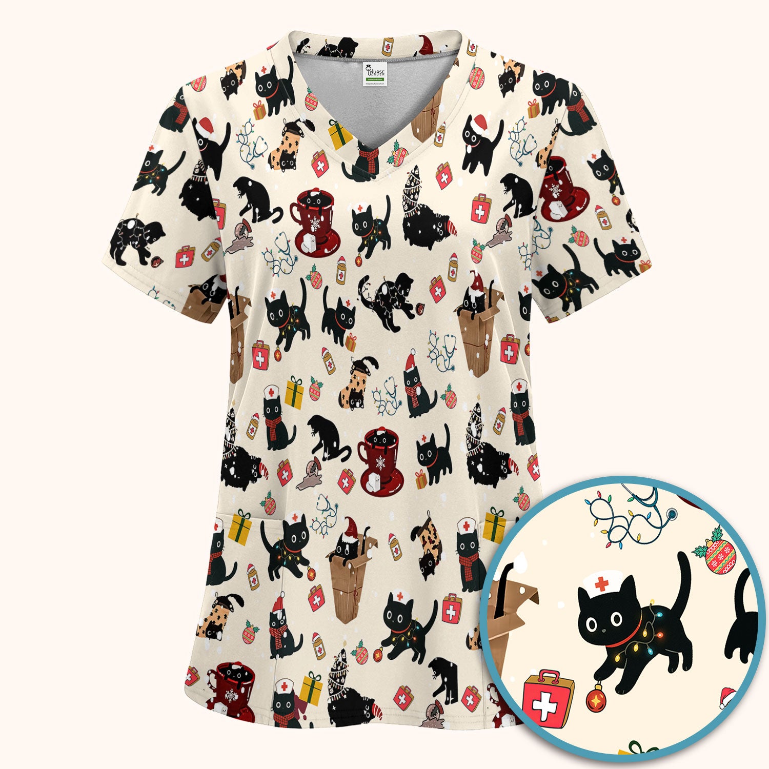 Funny Cat Scrub Sets for Women - Christmas Black Cats Pants and V Neck Top - Breathable Fabrics Nursing Uniform