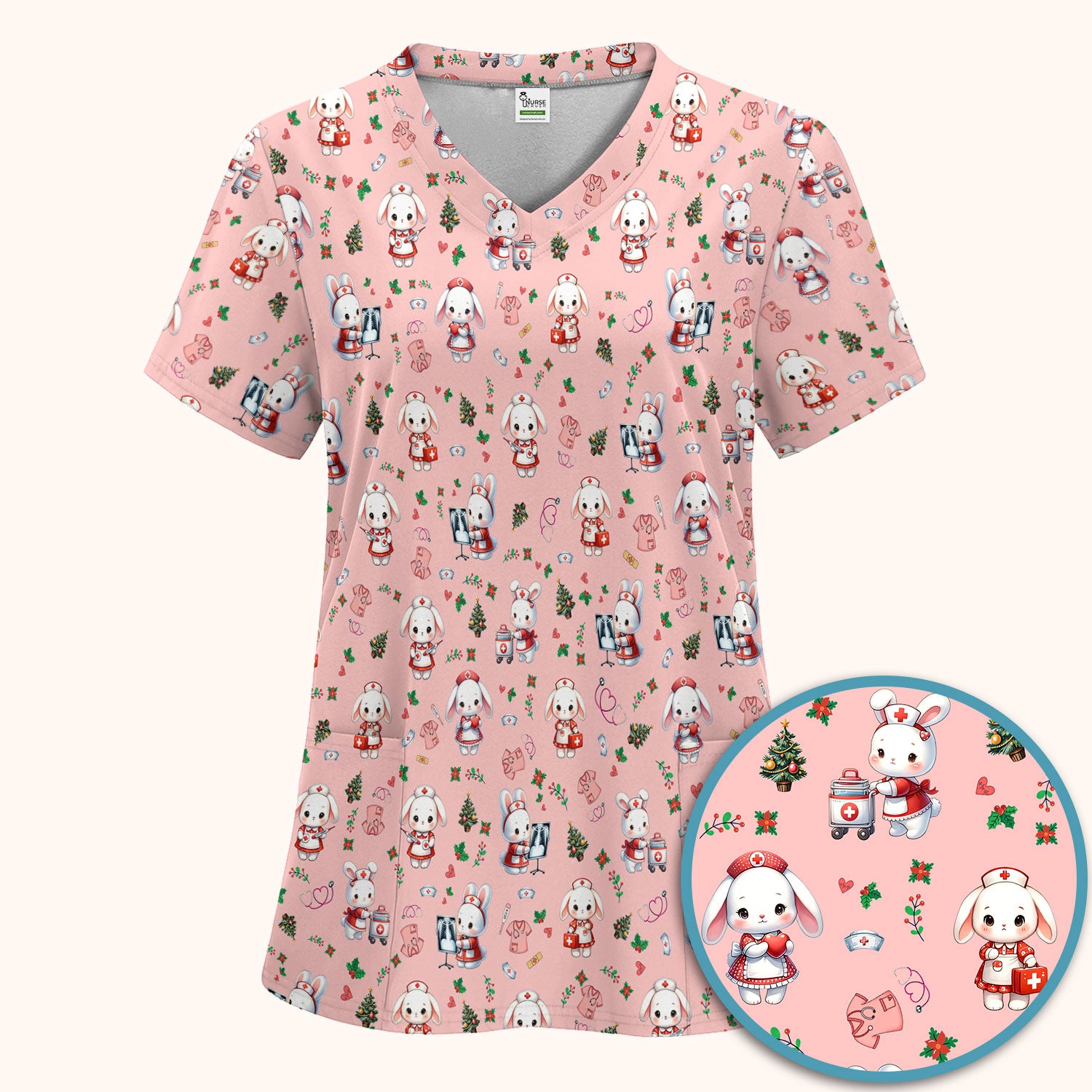 Cute Bunny Scrub Set for Nurse - Adorable Christmas Rabbit Pants and V Neck Top - Funny Holiday Medical Shirt Gift