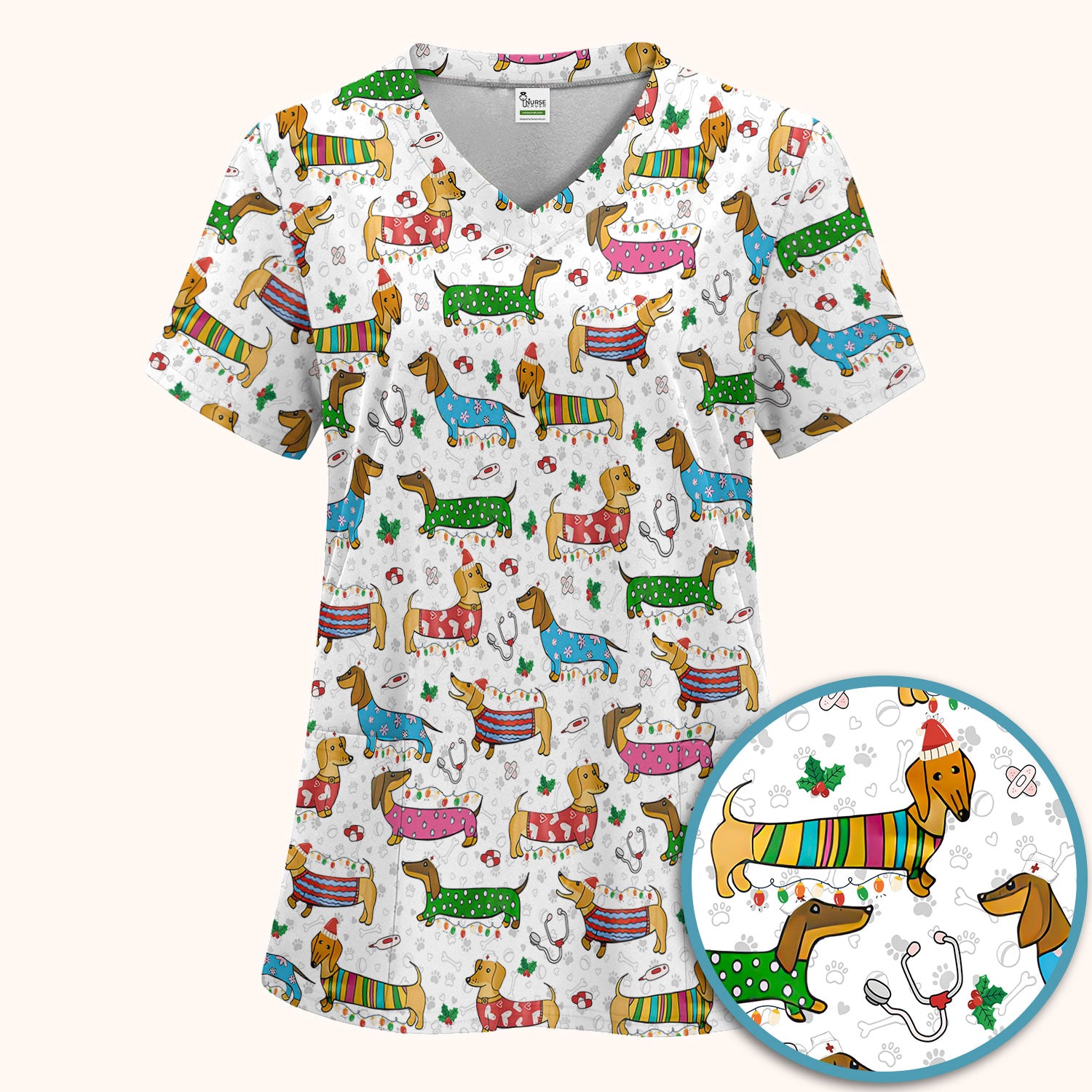 Christmas Scrub Set for Women - Funny Dachshund Scrubs Pants and V Neck Top - Cute Holiday Medical Uniform Gift for RN LPN CNA