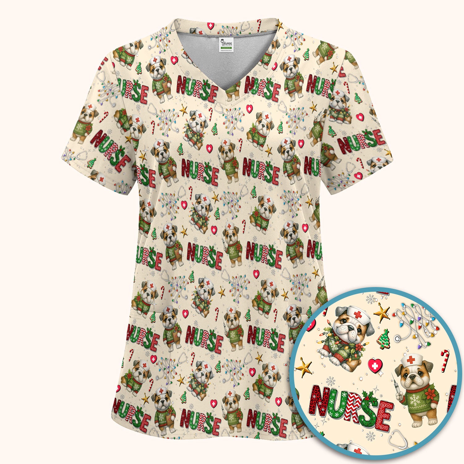 Bulldog Christmas Nurse Scrub Set - Funny Dog Scrubs Pants and V Neck Top - Cute Holiday Medical Uniform
