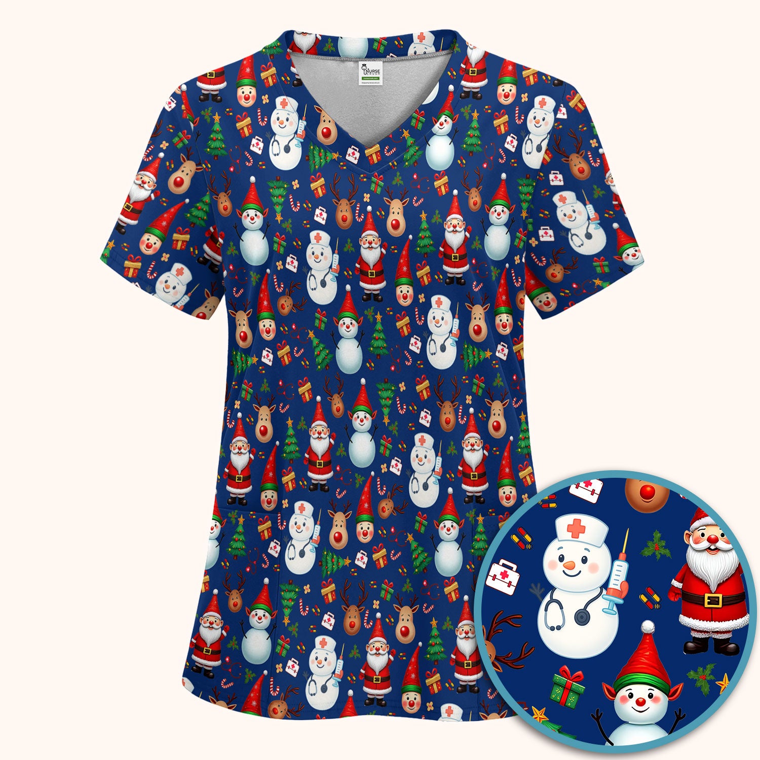 Christmas Nurse Scrub Set - Cute Snowman Santa Reindeer Pattern Medical Uniform - Festive Holiday Scrubs Pants and V Neck Top