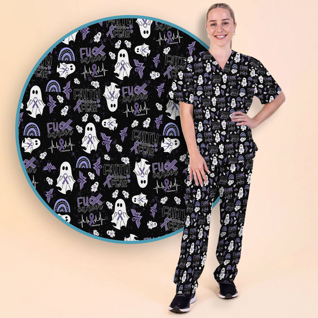 Stomach Cancer Awareness Scrub Sets - Periwinkle Blue Ribbon Survivor Scrub Pants and V Neck Top - November Warrior Gift