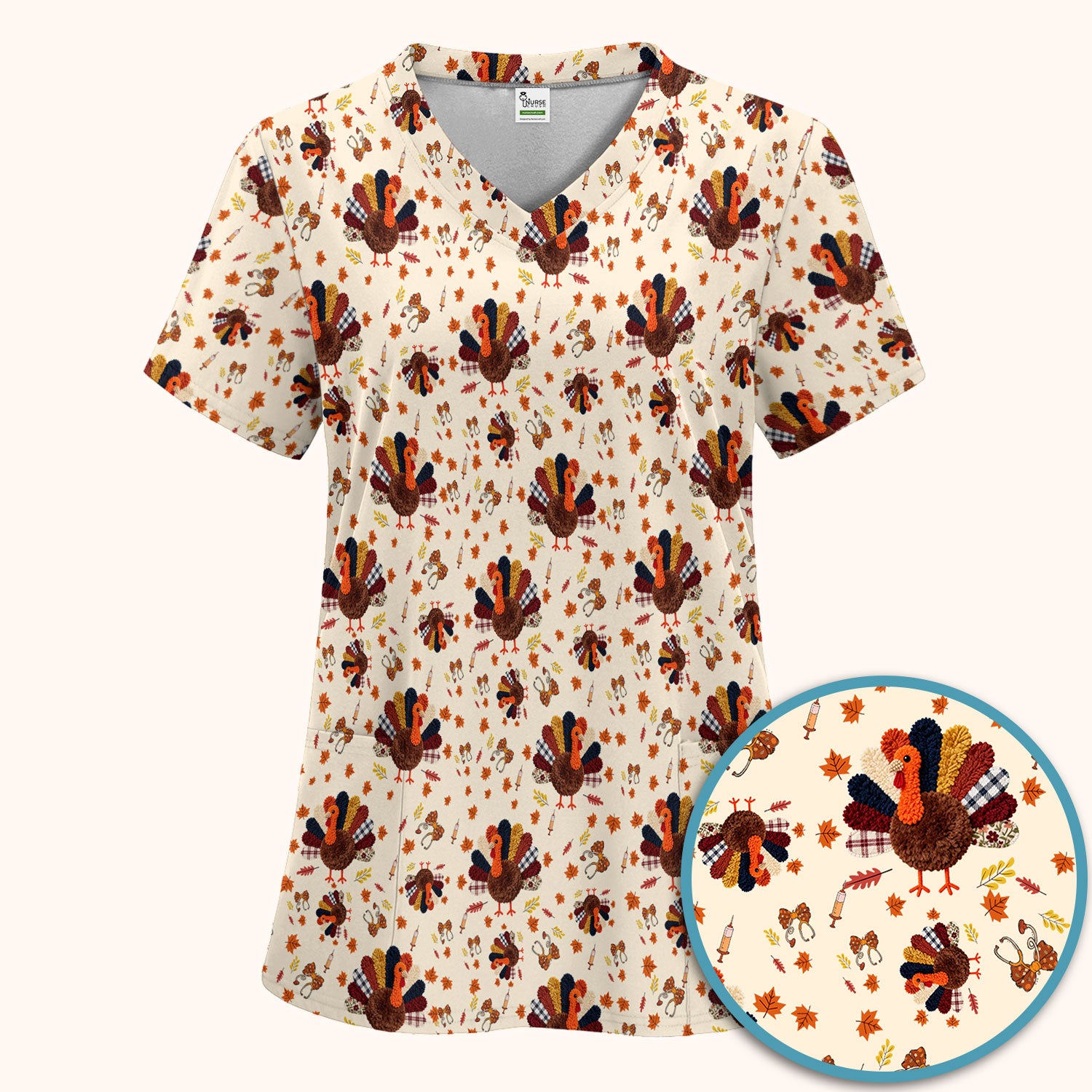 Funny Thanksgiving Nurse Scrub Sets - Fall Leaves and Pumpkin Scrub Pants and V Neck Top - Autumn Turkey Med Uniform