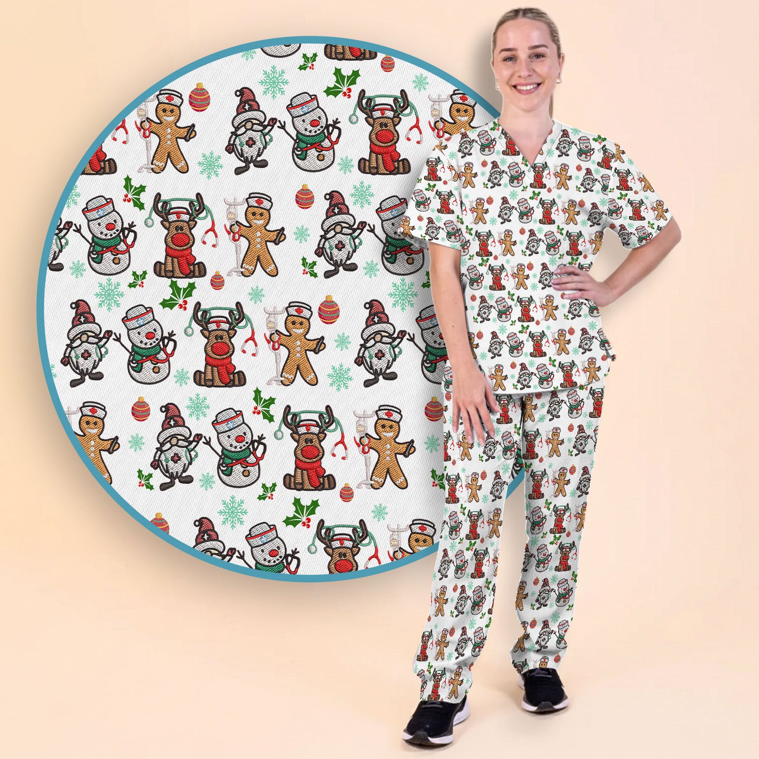 Christmas Gingerbread Scrubs Set for Women - Comfortable Scrubs for Nurses - Reindeer Santa Pants and V Neck Top