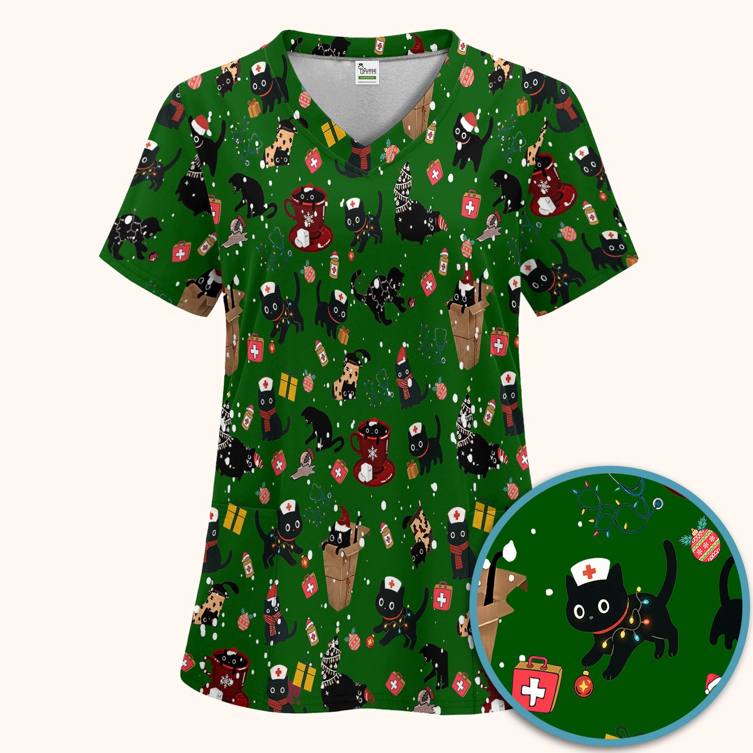 Christmas Cat Scrub Set for Nurse - Funny Black Cats Scrubs Pants and V Neck Top - Cute Holiday Medical Uniform for Women