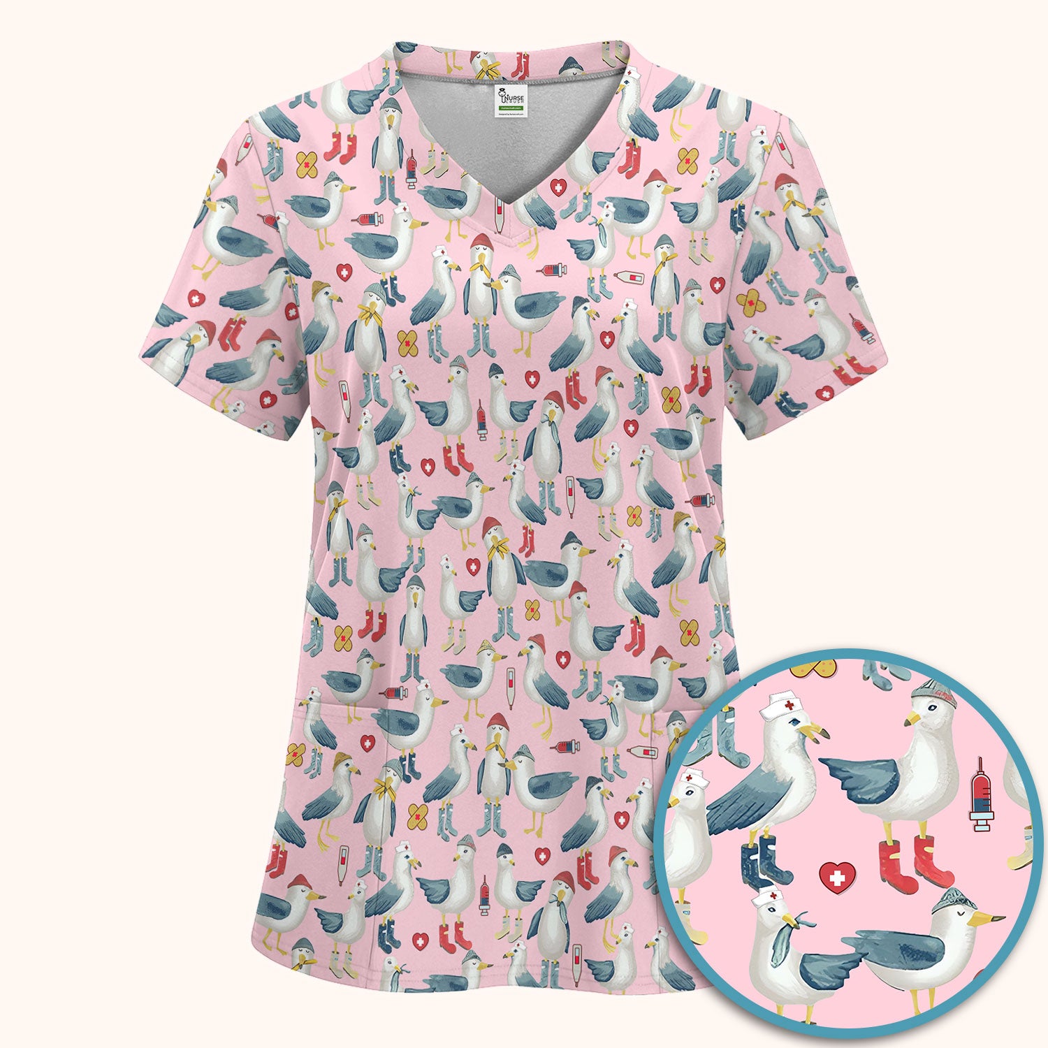 Funny Seagull Nurse Scrub Set - Cute Bird with Medical Icons Scrubs Pants and V Neck Top - Comfortable Scrubs for Women