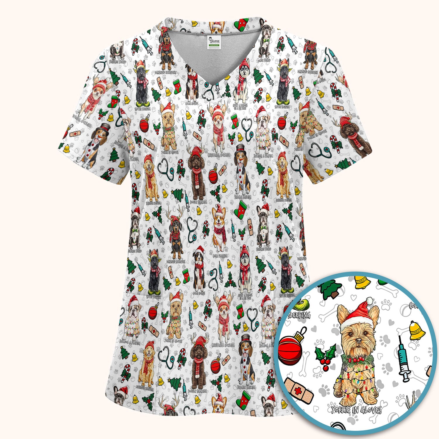 Cute Christmas Dog Scrubs Sets for Nurses - Corgi, Dachshund, Husky, Poodle & Labrador - Funny Holiday Medical Uniform for RN CNA LPN