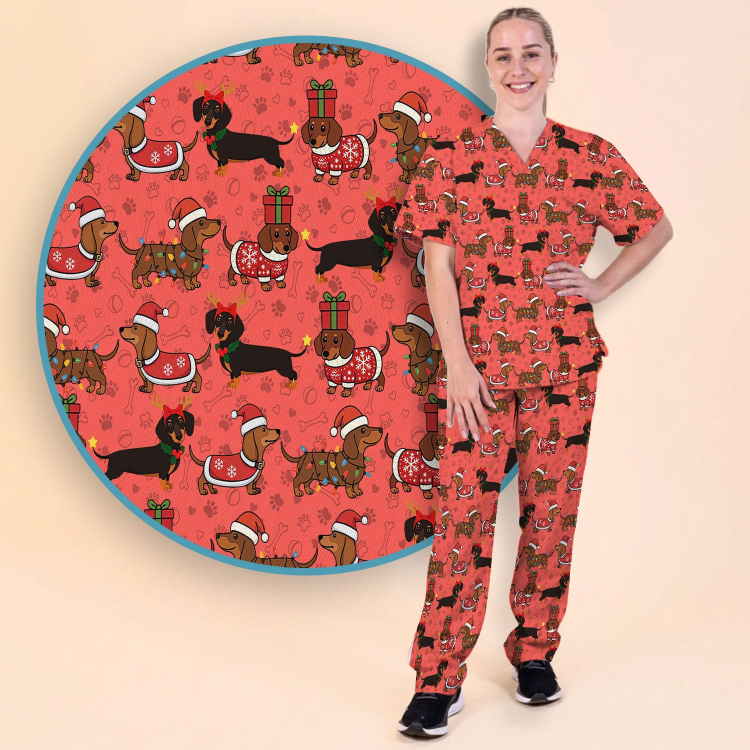 Funny Dachshund Dog Nursing Scrub Pants for Women - Wiener Santa Scrub Set for Nurse - Funny Medical Uniform for RN CNA LPN