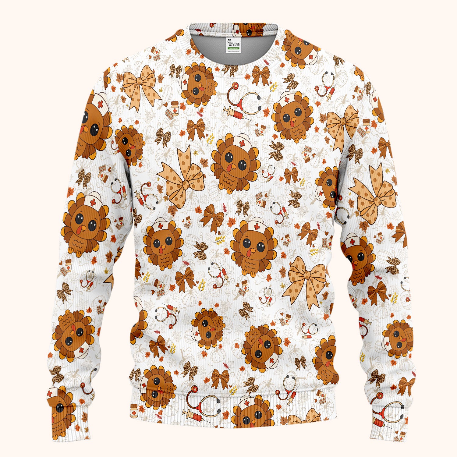 Thanksgiving Turkey Nurse Scrub Set for Women - Cute Fall Leaves and Bow Scrub Pants and V Neck Top - Autumn Medical Uniform