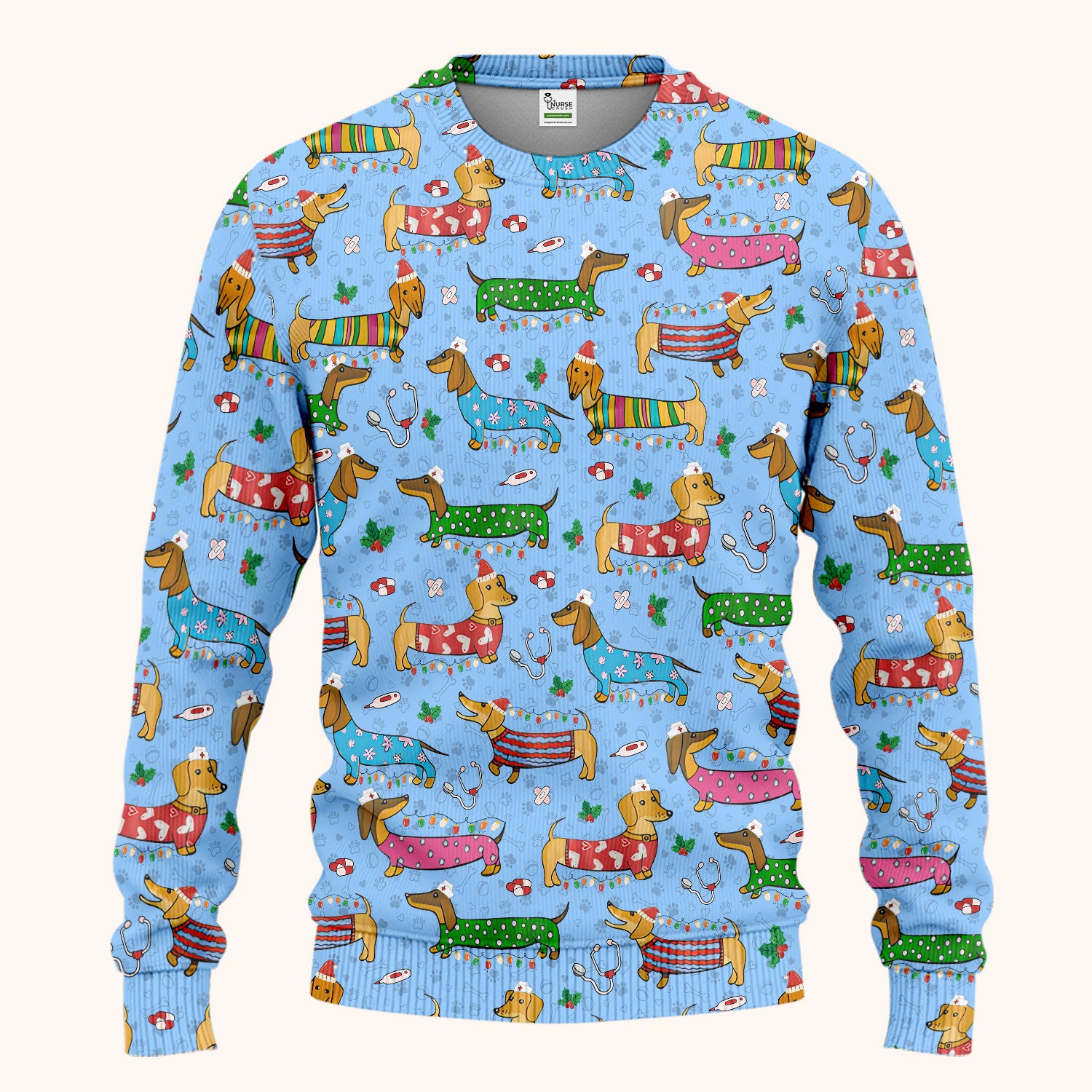 Christmas Dachshund Scrub Set for Nurses - Cute Wiener Dog in Holiday Outfit - Funny Medical Uniform Gift for Women RN LPN CNA
