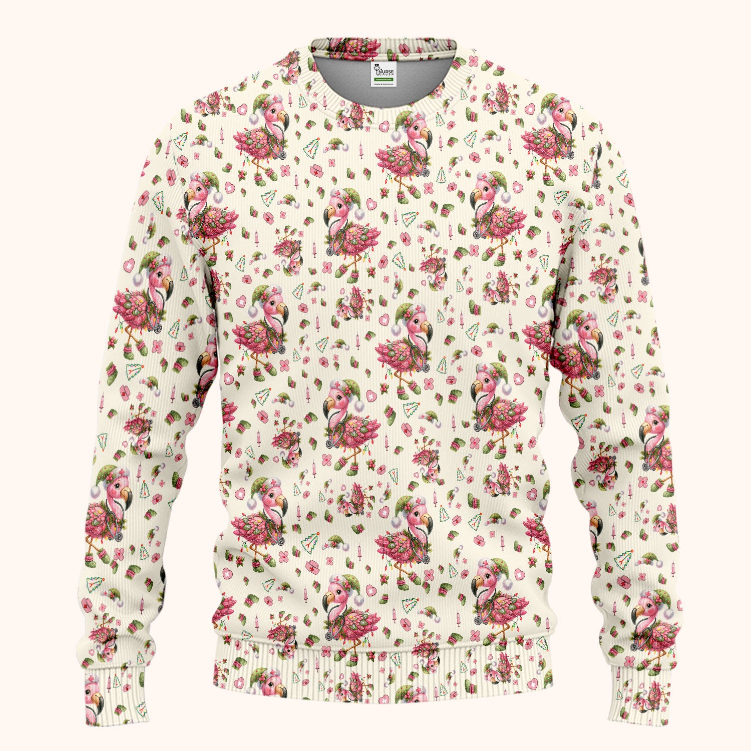 Pink Flamingo Christmas Scrub Set - Cute Flamingo Scrubs Pants and V Neck Top - Fun Christmas Medical Uniform