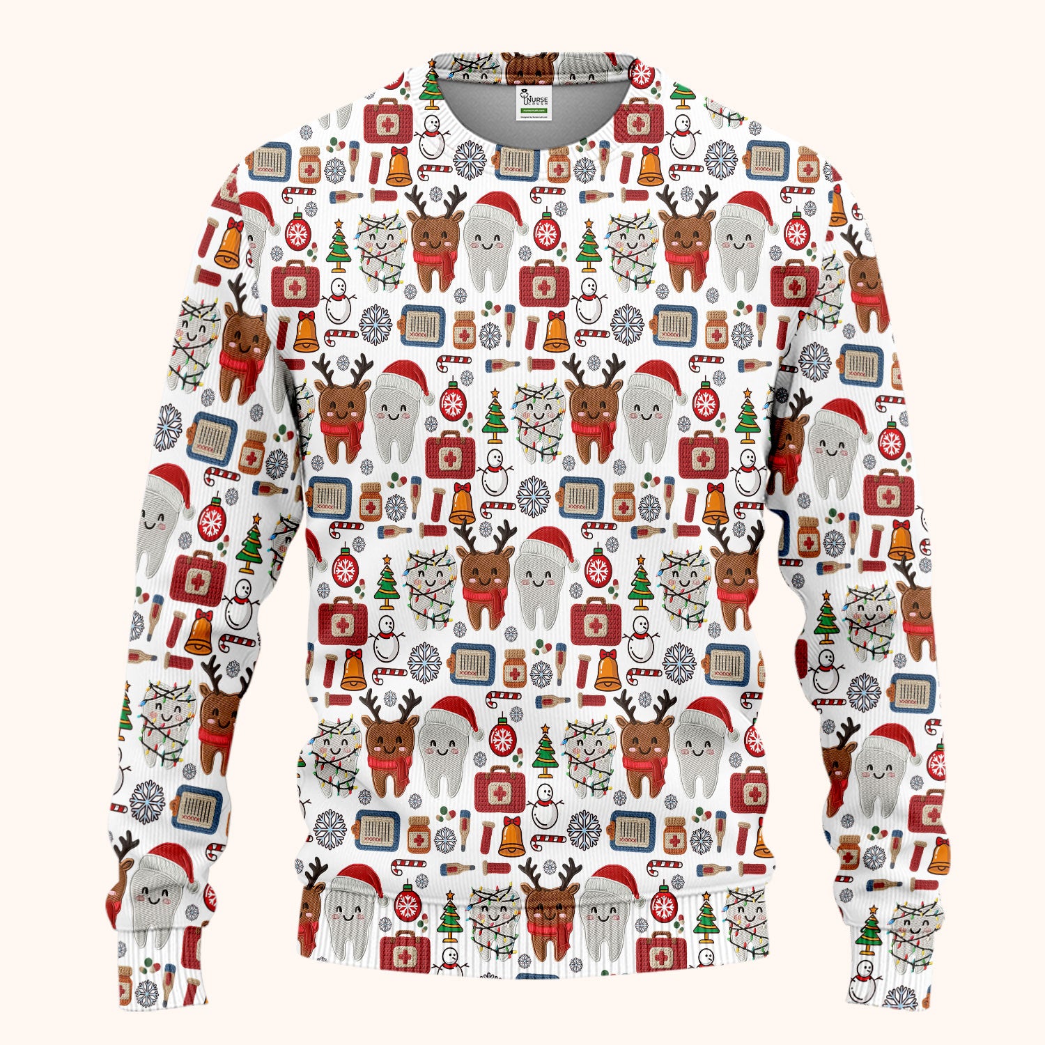 Christmas Dental Scrub Set - Cute Santa & Reindeer Tooth Pants and V Neck Top - Funny Gift for Dentists, Hygienists, Nurses