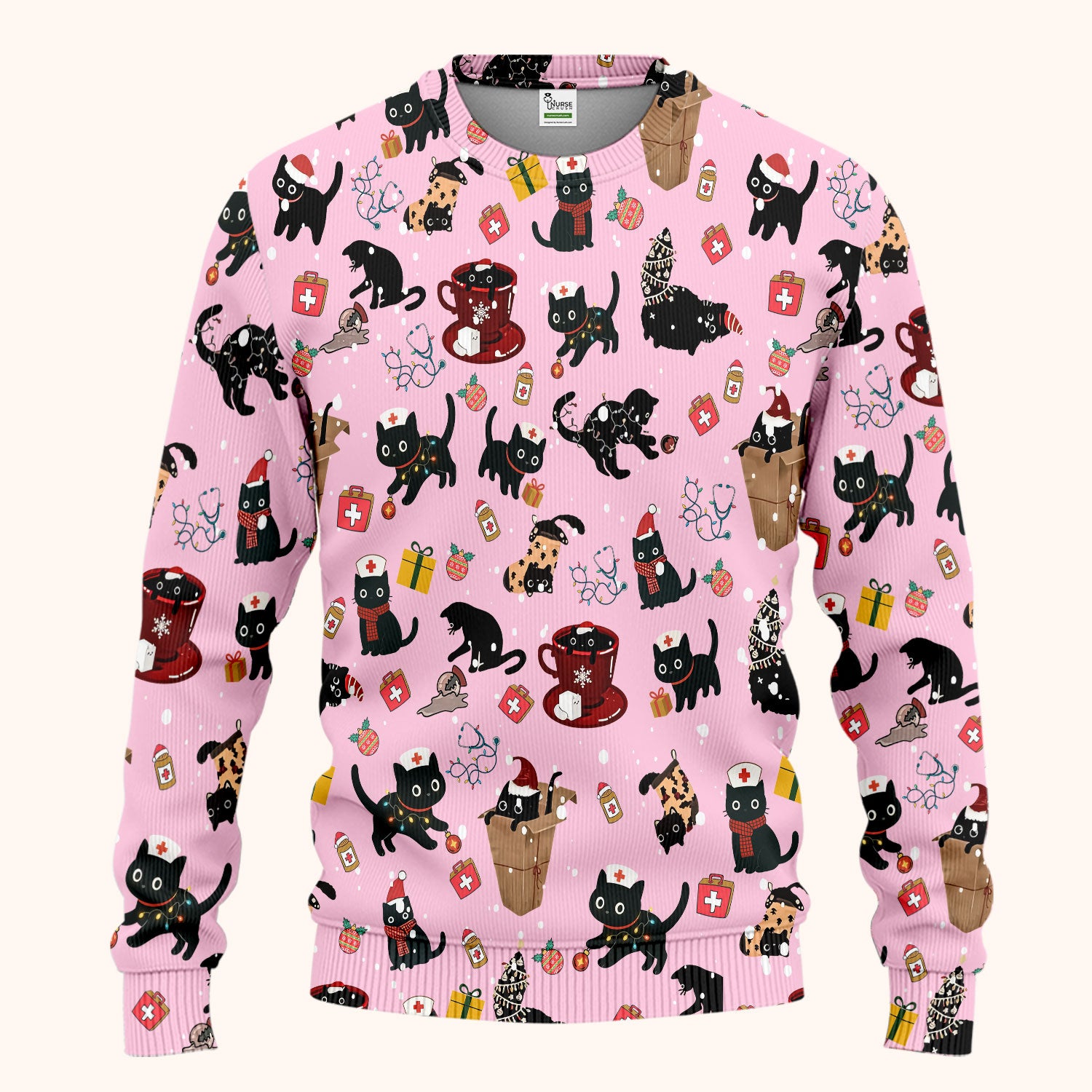 Funny Cat Scrub Sets for Women - Christmas Black Cats Pants and V Neck Top - Breathable Fabrics Nursing Uniform