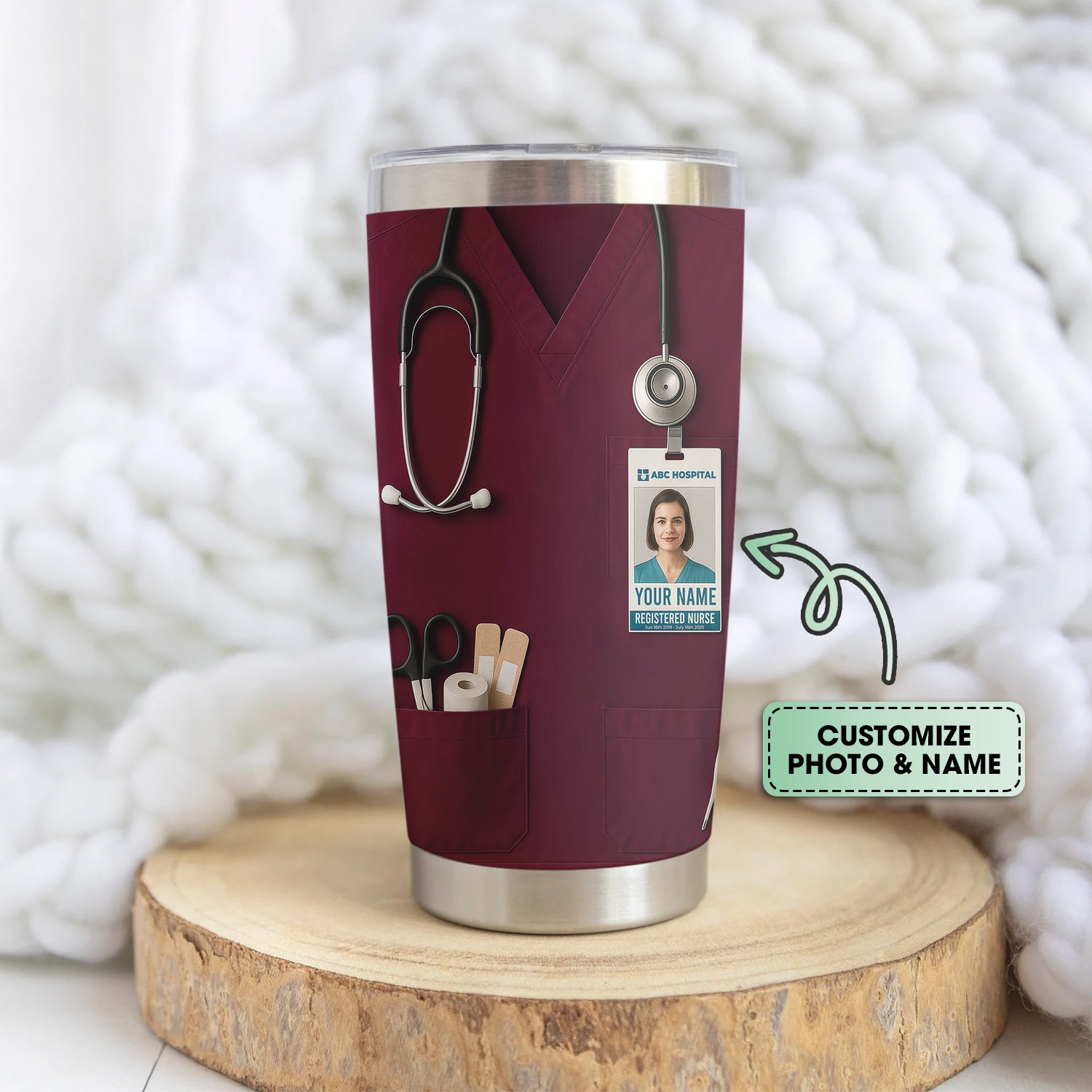 Custom Nurse Tumbler - Stethoscope & Hospital ID Badge Design - Personalized Gift with Custom Text & Photo for RN CNA LPN Healthcare Workers
