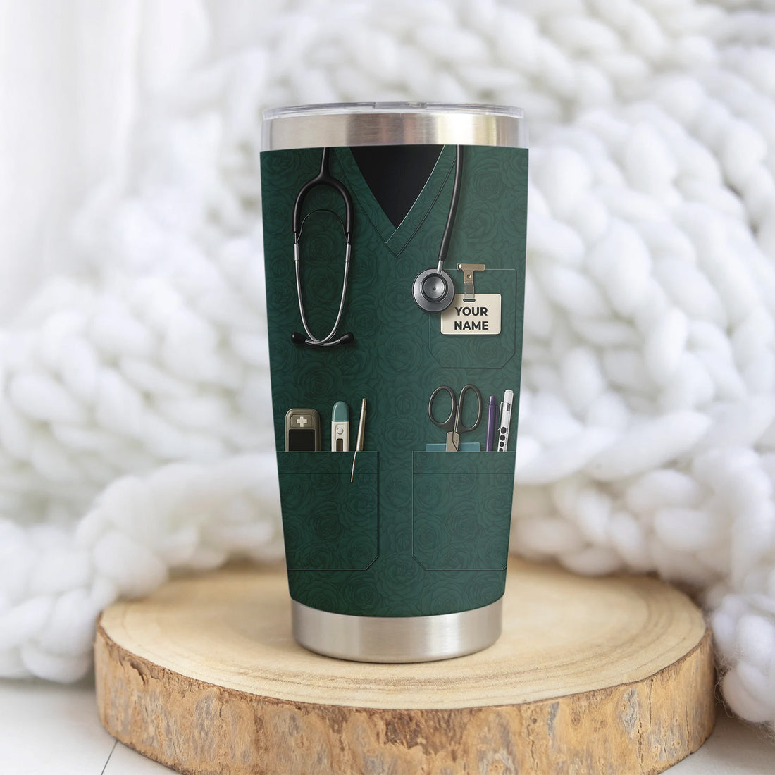 Custom Nurse Tumbler with Name - Green Scrubs Travel Mug with Medical Tools - Gift for RN CNA LPN Nursing Student