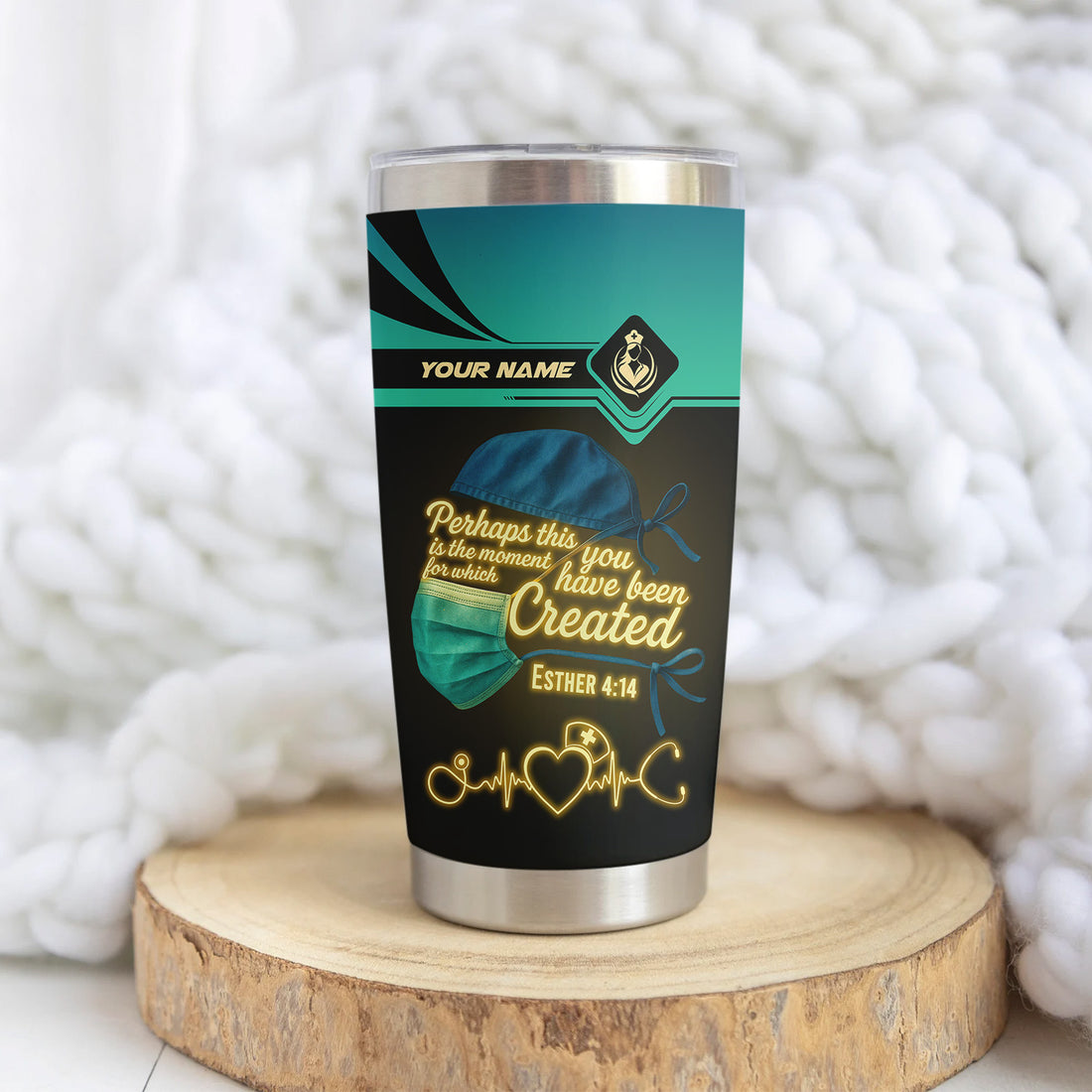 Custom Nurse Tumbler with Mask & Scripture - Perhaps You Were Created for This Moment - RN LPN CNA Gift