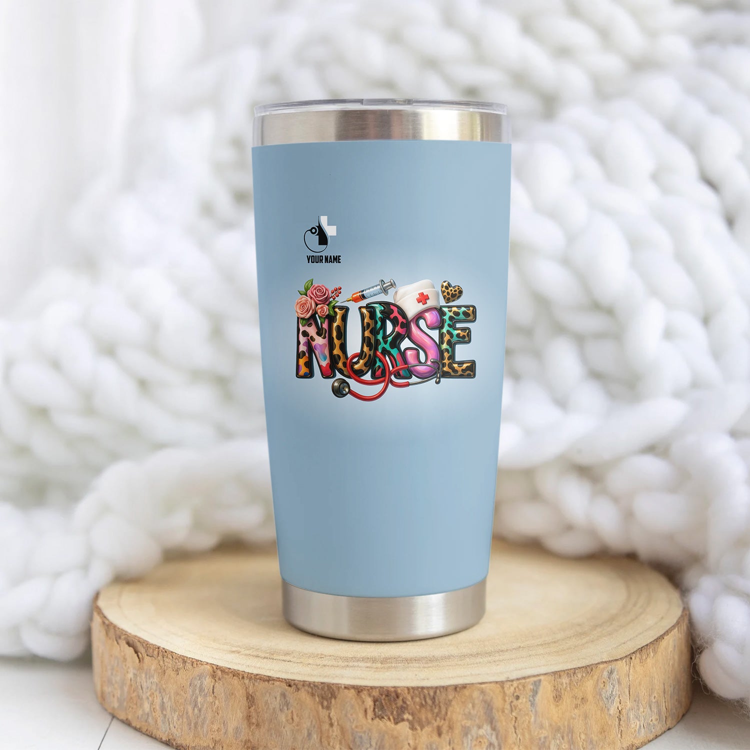 Custom Name Nurse Tumbler - Cute Leopard Lettering and Stethoscope Design - Gift for Registered Nurses CNA RN LPN - Stainless Steel Travel Mug for Healthcare Heroes