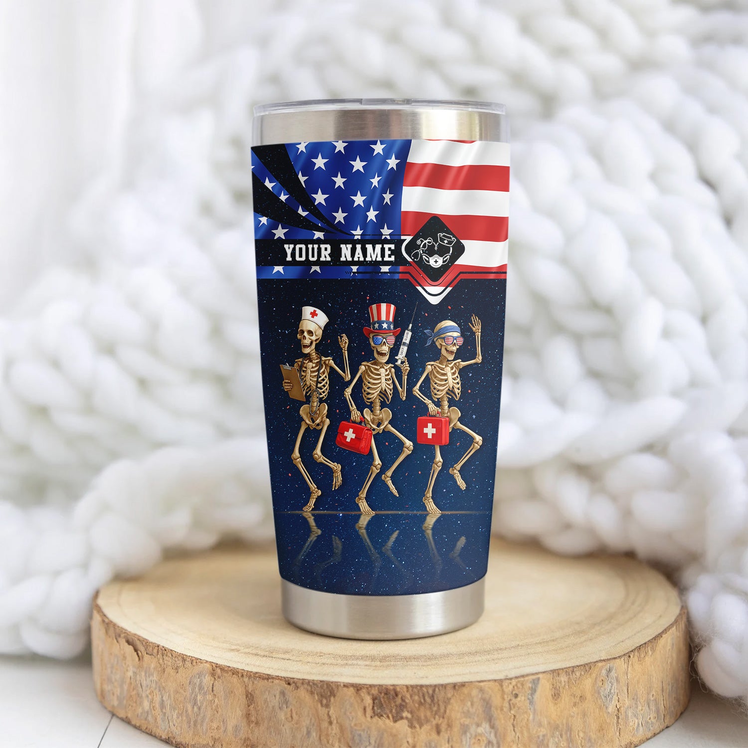 Personalized Skeleton Nurse Tumbler - 4th of July USA Flag Design - Funny Gift for RN LPN CNA Healthcare Workers