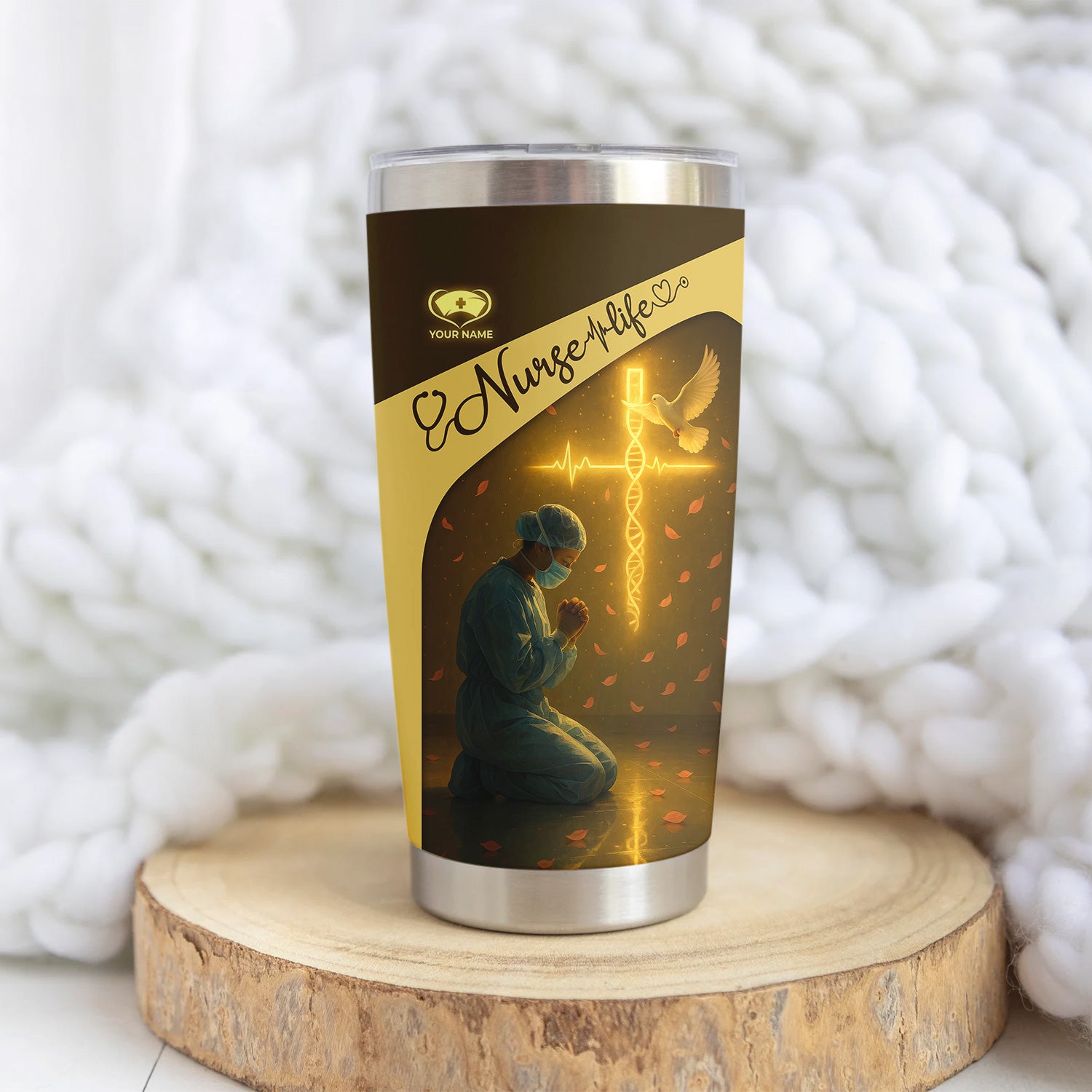 Christian Nurse Tumbler for RN LPN CNA - Personalized Prayer Design with Dove and Cross - Inspirational Gift for Women in Healthcare