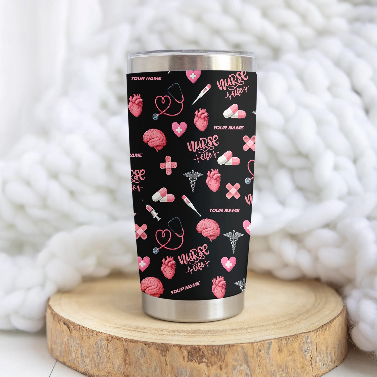 Custom Nurse Tumbler for Women - Nurse Life Design with Brain Heart Pill Graphics - Personalized Gift Idea for RN CNA LPN Healthcare Workers