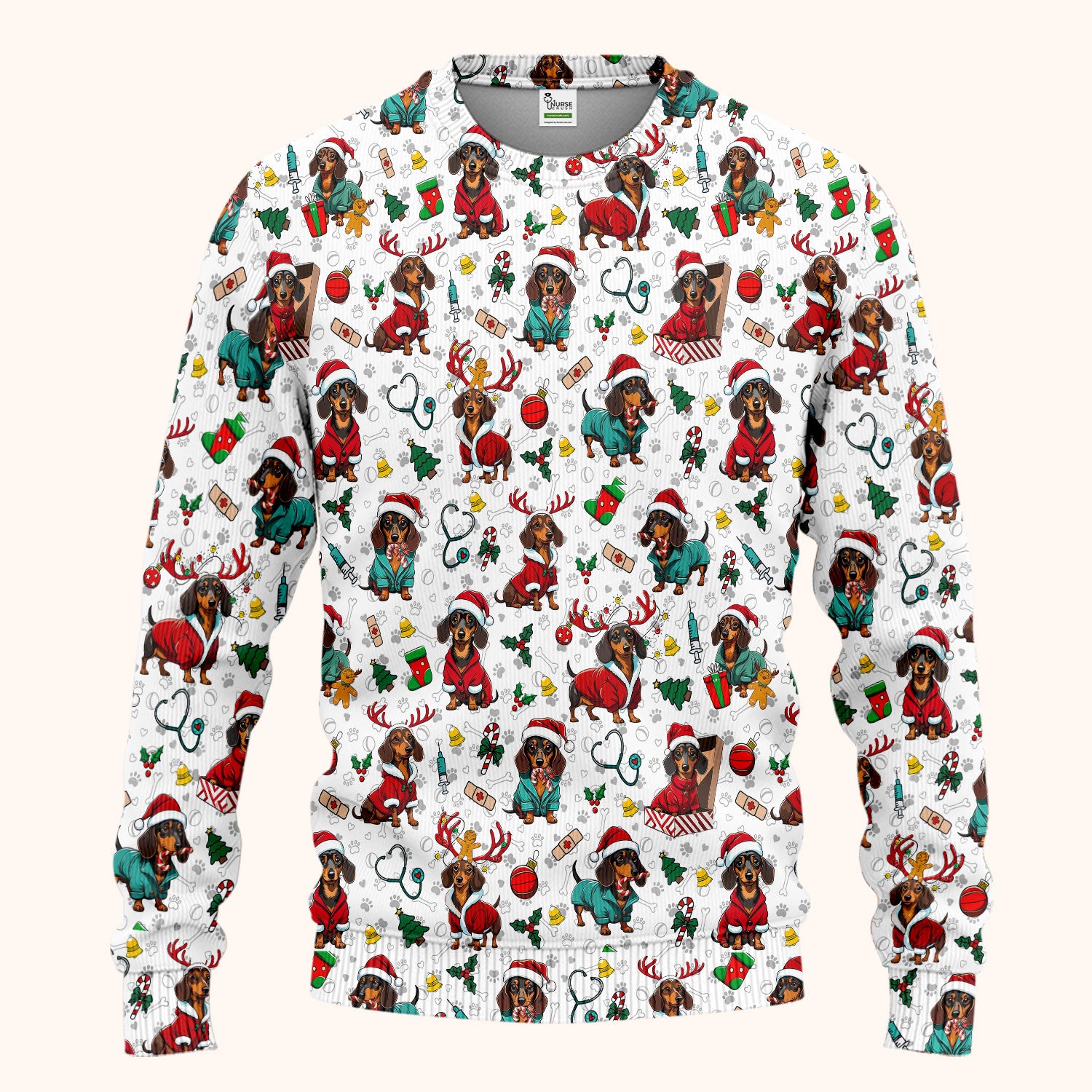 Christmas Dachshund Scrub Set for Nurses - Cute Sausage Dog Holiday - Funny Reindeer & Santa Scrubs Pants and V Neck Top