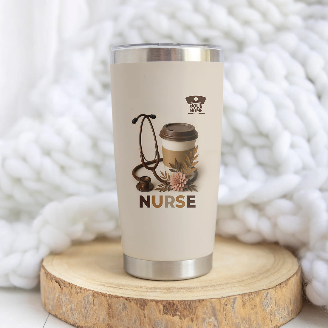 Personalized Nurse Coffee Tumbler - Stethoscope Floral Beige Design - Gift for RN LPN CNA Women
