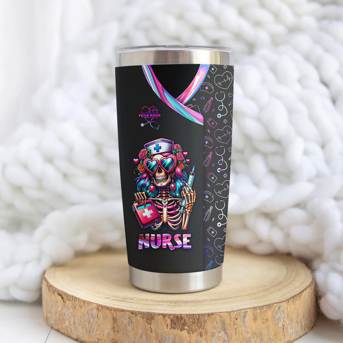 Custom Funny Skeleton Nurse Tumbler - Neon Skull with Heart Glasses & Syringe Design - Personalized Gift for RN LPN CNA
