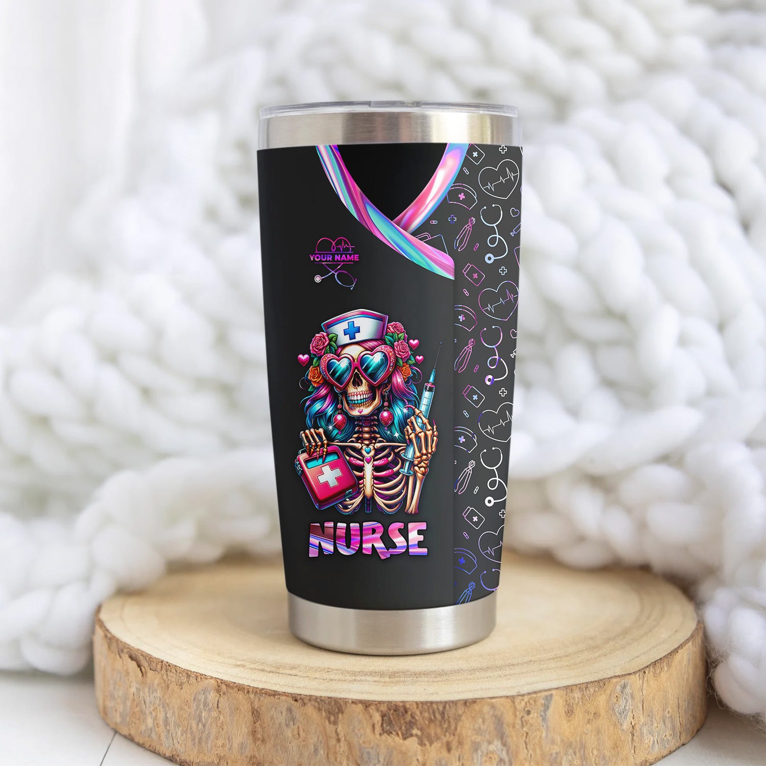 Custom Funny Skeleton Nurse Tumbler - Neon Skull with Heart Glasses & Syringe Design - Personalized Gift for RN LPN CNA