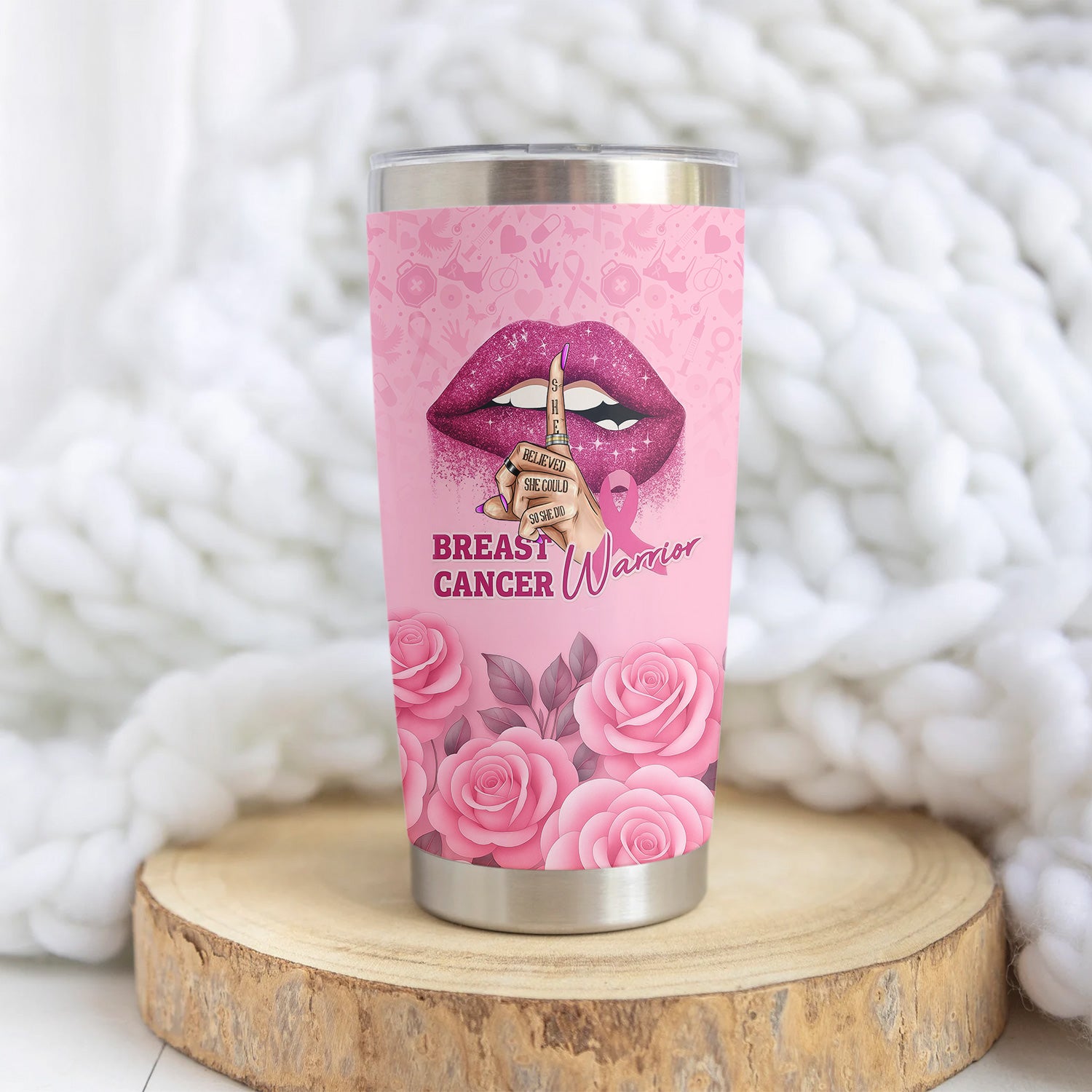 Personalized Breast Cancer Warrior Tumbler - She Believed She Could  Pink Ribbon Design - Gift for Women RN LPN CNA