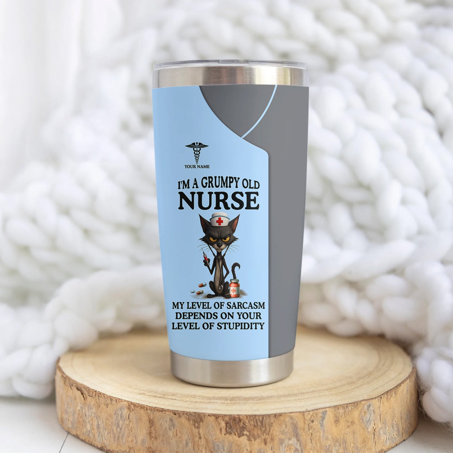 Personalized Grumpy Old Nurse Travel Tumbler - Angry Cat Sarcasm Quote for RN LPN CNA - Funny Gift for Nursing Team & Medical Professionals