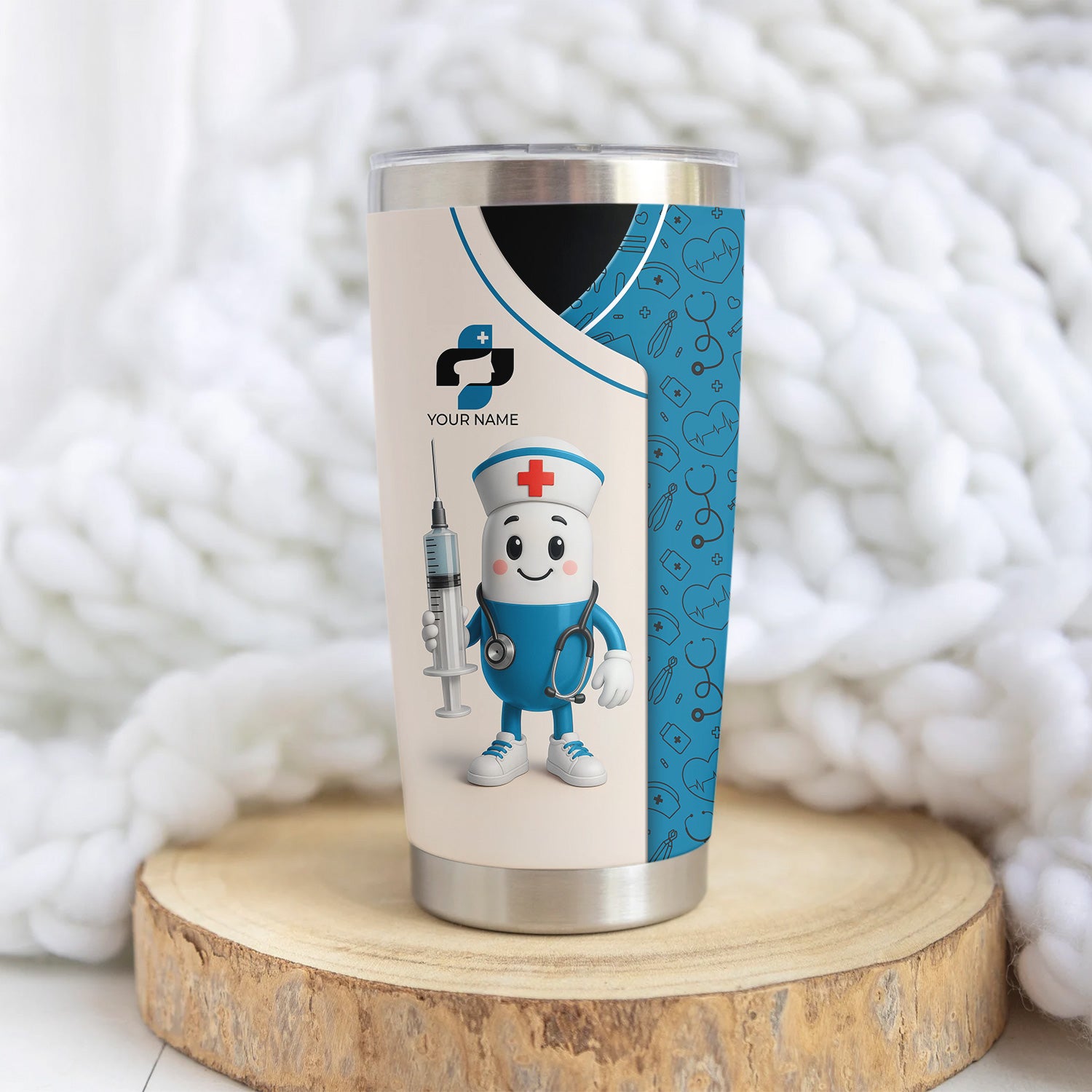 Funny Personalized Nurse Tumbler - Cartoon Pill Design Stainless Steel Travel Mug - RN CNA Healthcare Gift Multiple Color Options