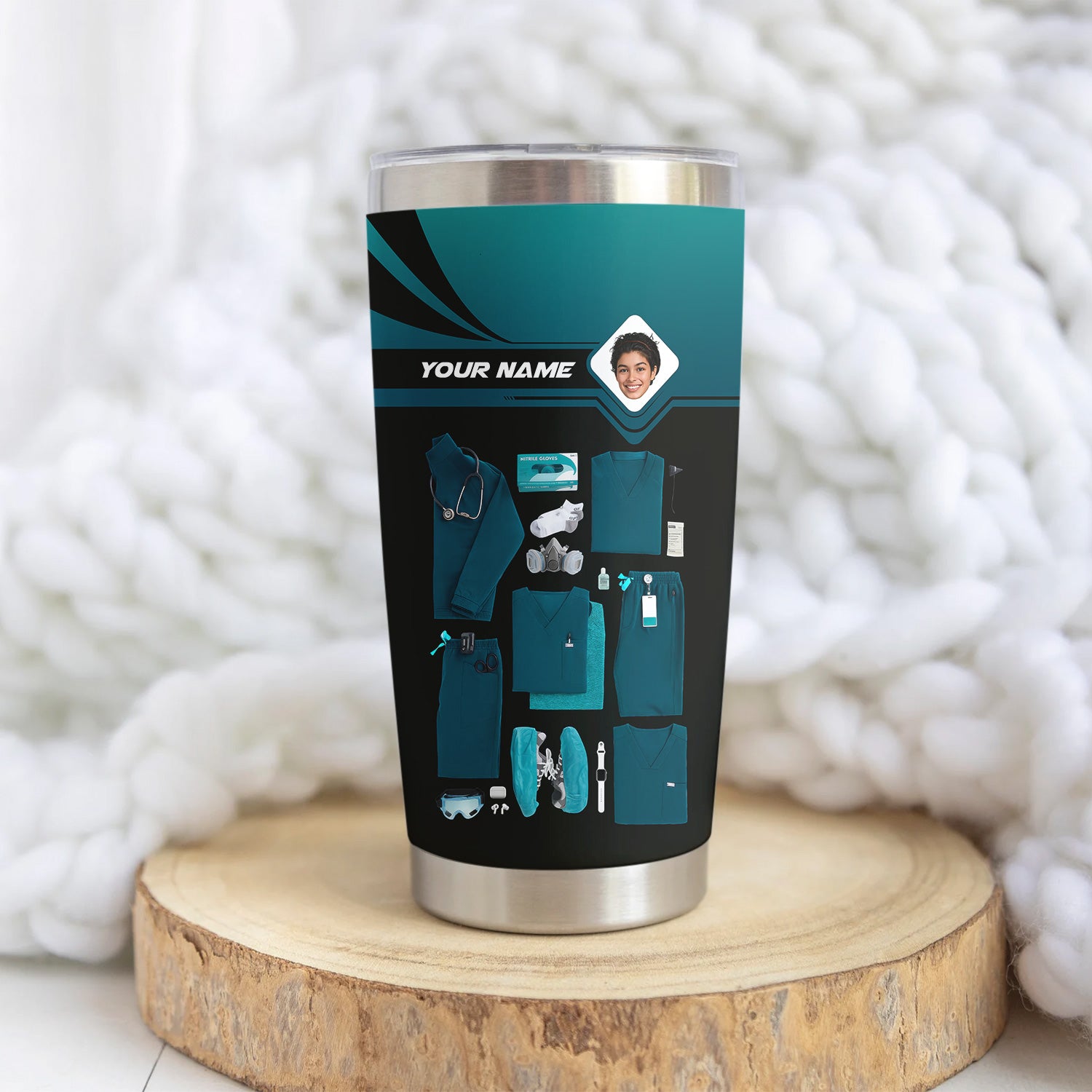 Personalized Nurse Tumbler with Scrubs & Tools - Custom Photo & Name - Gift for Healthcare Workers, RN, LPN - Multiple Scrub Colors Available