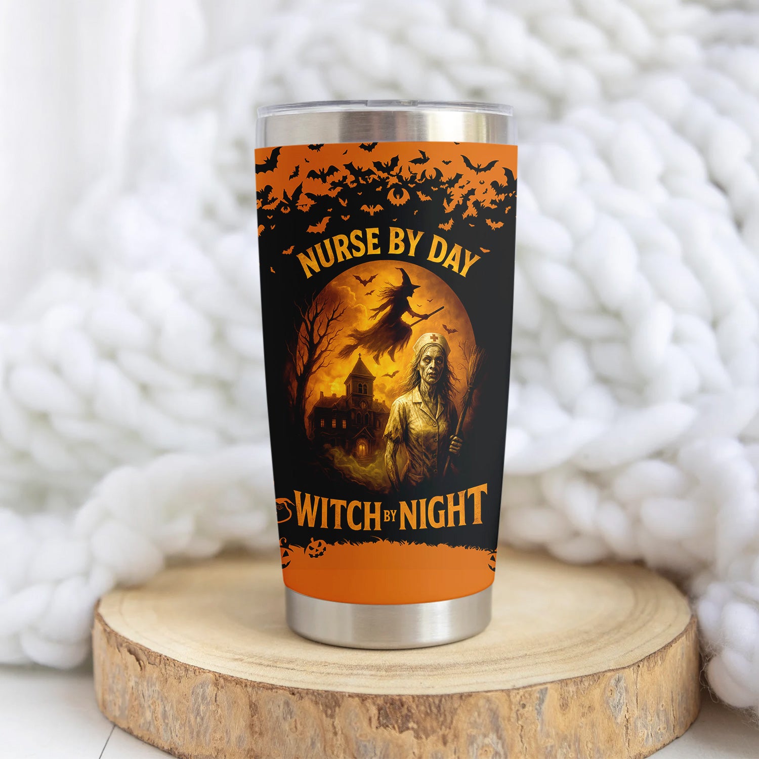 Halloween Nursing Travel Tumbler for CPN LPN RN - Scary Witch Nurse By Day Night Design - Gift for Healthcare Workers Medical Staff