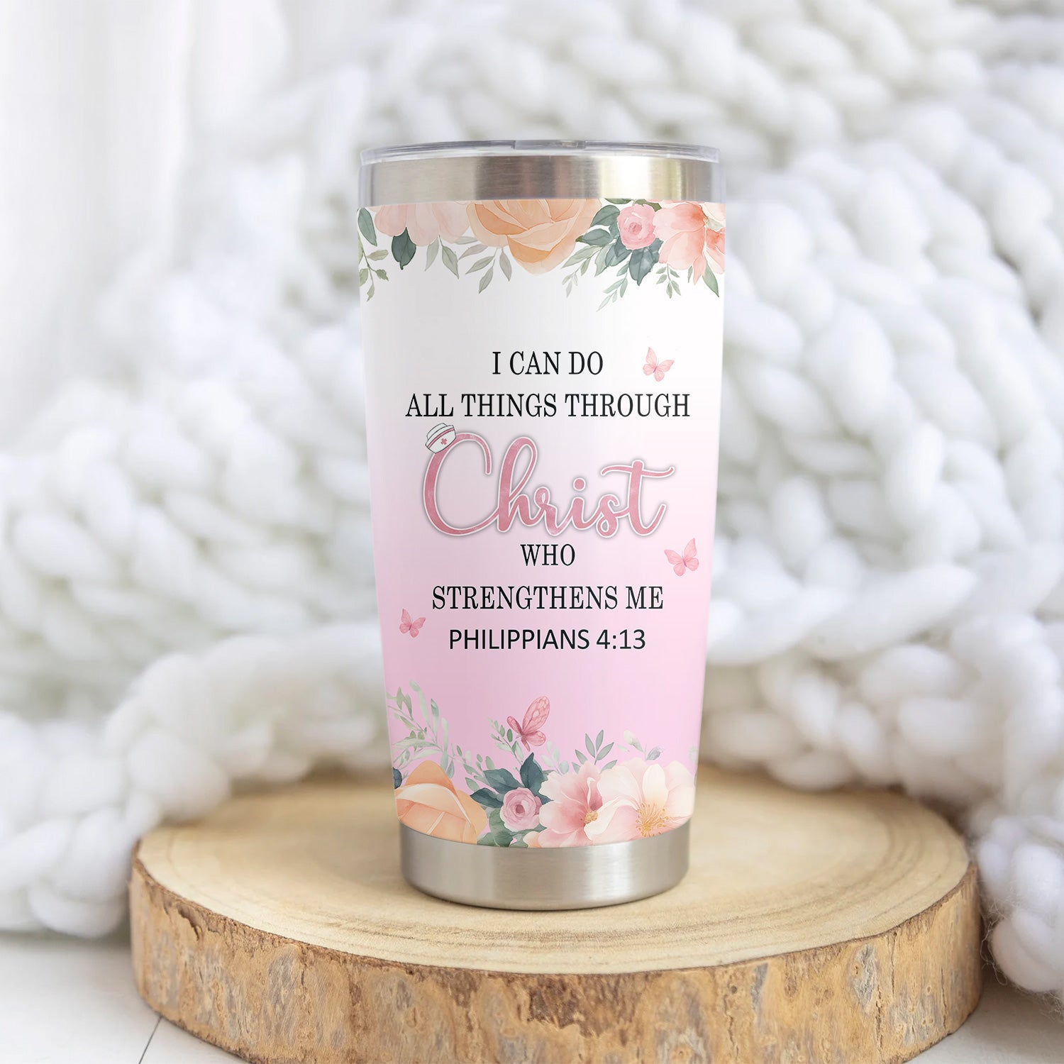 Floral Christian Nurse Tumbler - Inspirational Bible Verse Apparel - Gift for RN LPN CNA Healthcare Staff