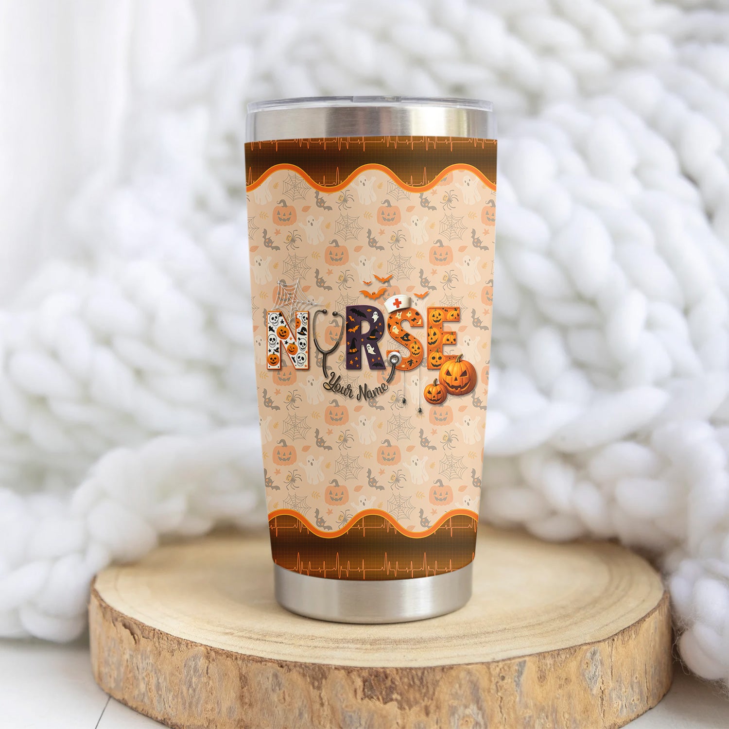 Personalized Nurse Halloween Tumbler - You Can't Scare Me Pumpkin Design - Custom Text Gift for RN CNA LPN Healthcare Workers