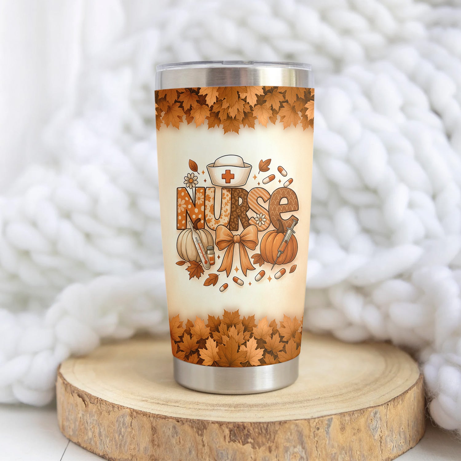 Personalized Fall Nurse Tumbler - Pumpkin Leaf Design with Name - Cute Thanksgiving Gift for RN CNA LPN Healthcare Workers