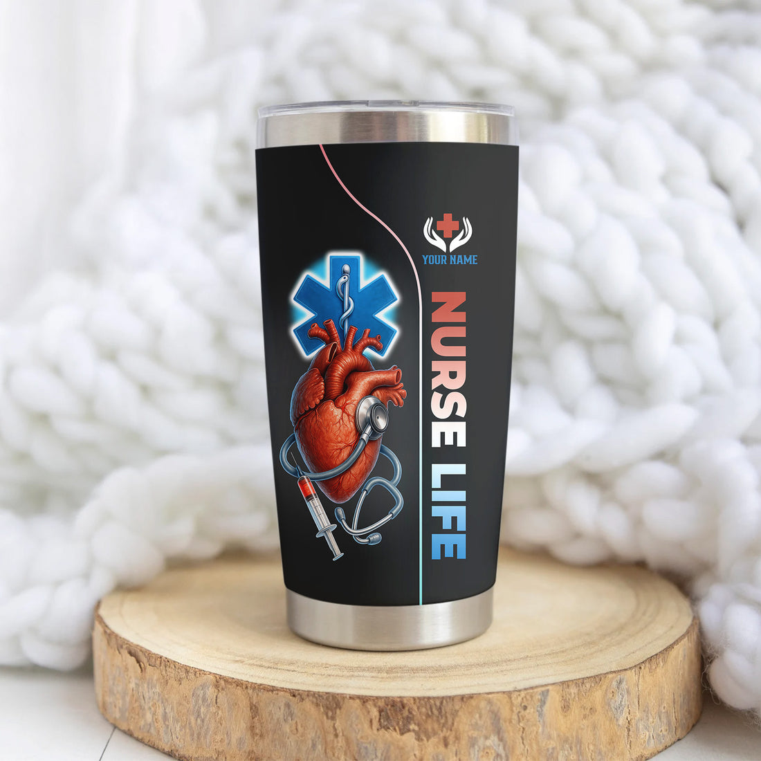 Custom Name Nurse Tumbler - Realistic Heart with Syringe & Caduceus Symbol - Medical Gift for Healthcare Worker