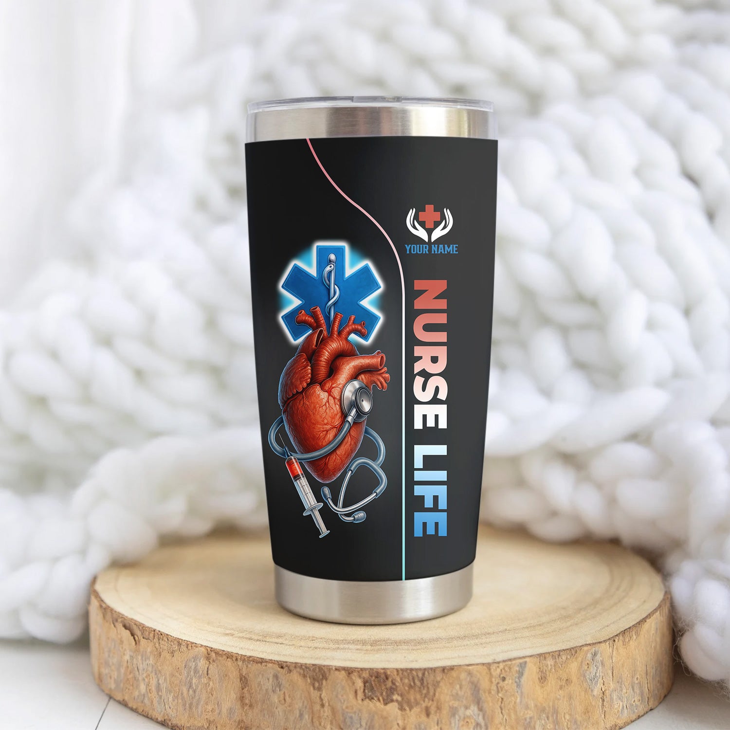 Custom Name Nurse Tumbler - Realistic Heart with Syringe & Caduceus Symbol - Medical Gift for Healthcare Worker
