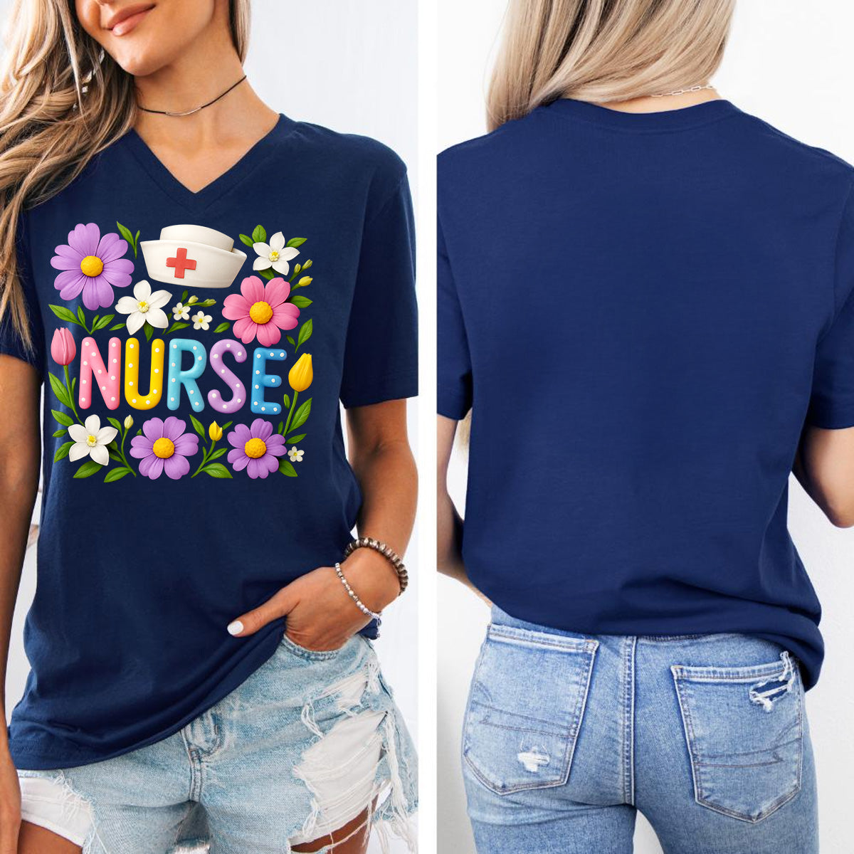 Cute Floral Nurse Shirt for Women – Colorful Spring Design with Hat & Flowers – Appreciation Gift for RN CNA LPN