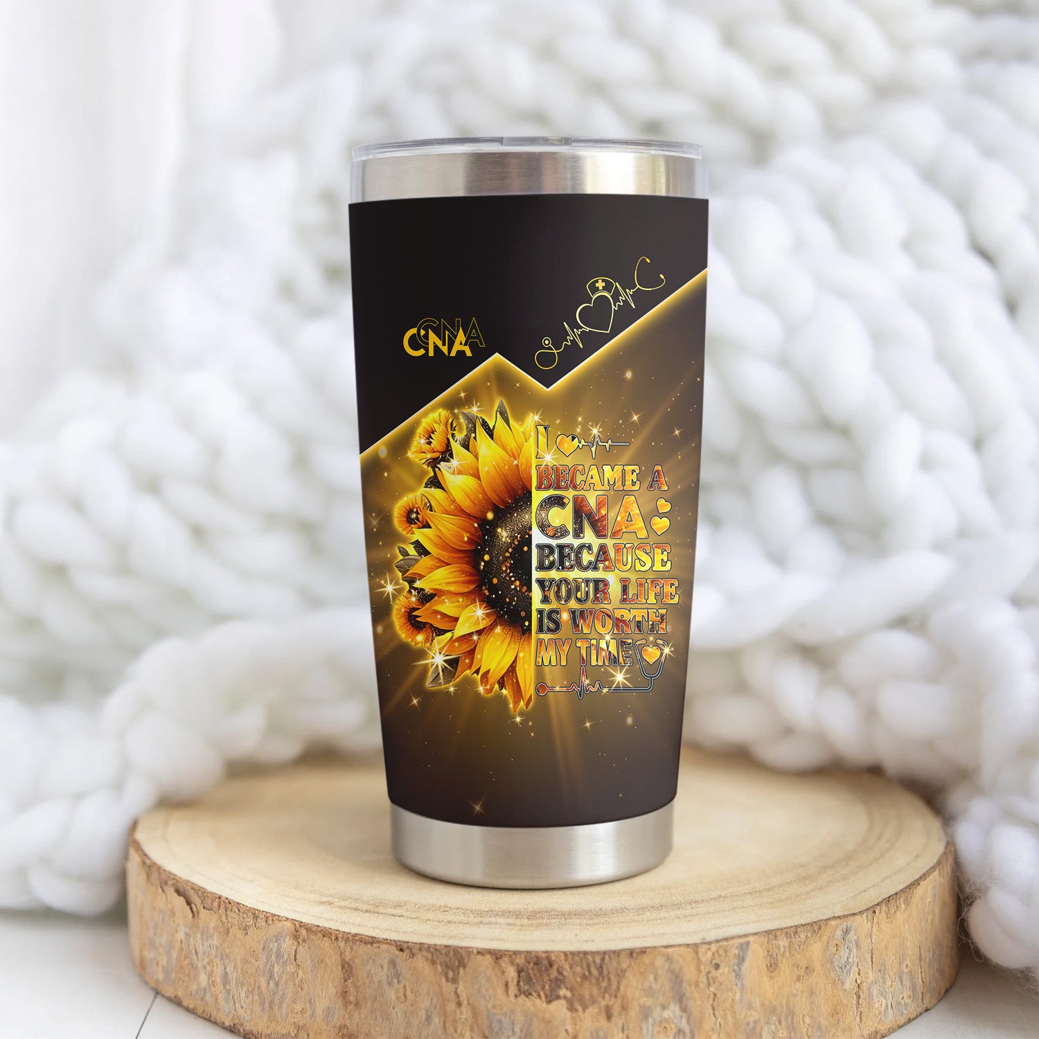 Personalized CNA Floral Tumbler - Stethoscope Sunflower Graphic Design - Gift for RN LPN CNA