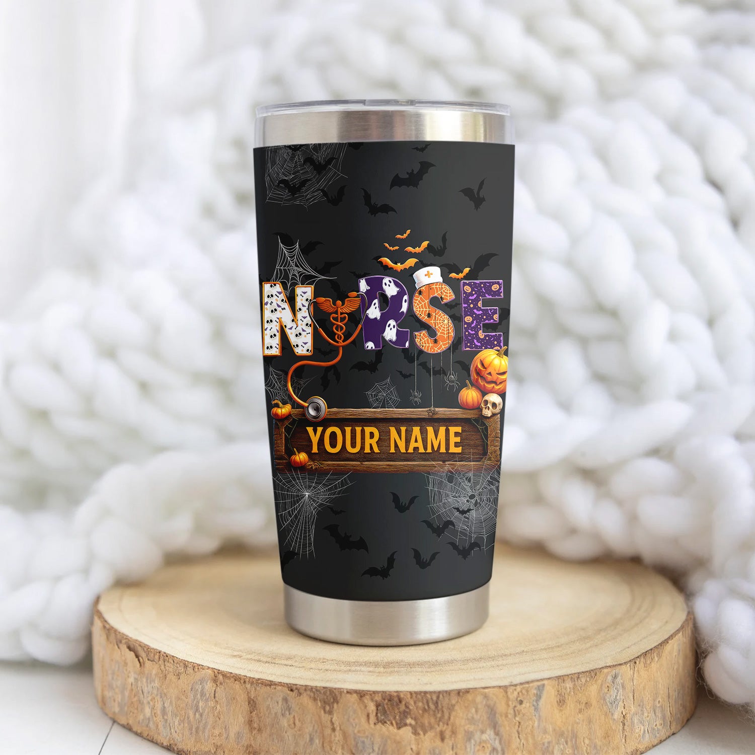 Funny Halloween Nurse Tumbler - Personalized Name & Stethoscope Design - Spooky 'Nurse' with Pumpkins and Bats - Ideal for RN, CNA, LPN Healthcare Workers
