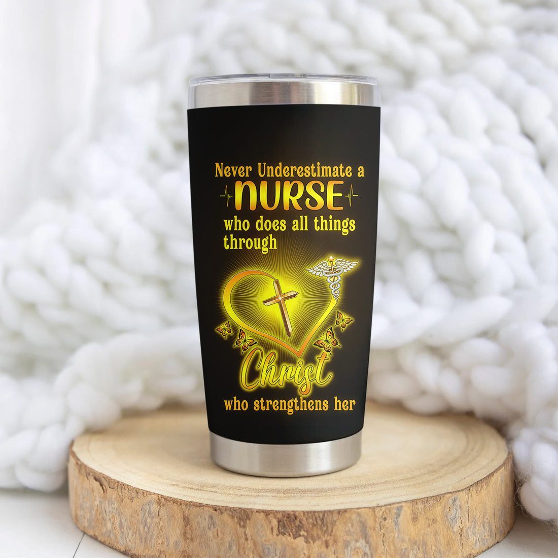 Personalized Religious Nurse Tumbler - Christian Quote with Cross & Butterfly Design - Inspirational Gift for Faithful RN LPN CNA Staff