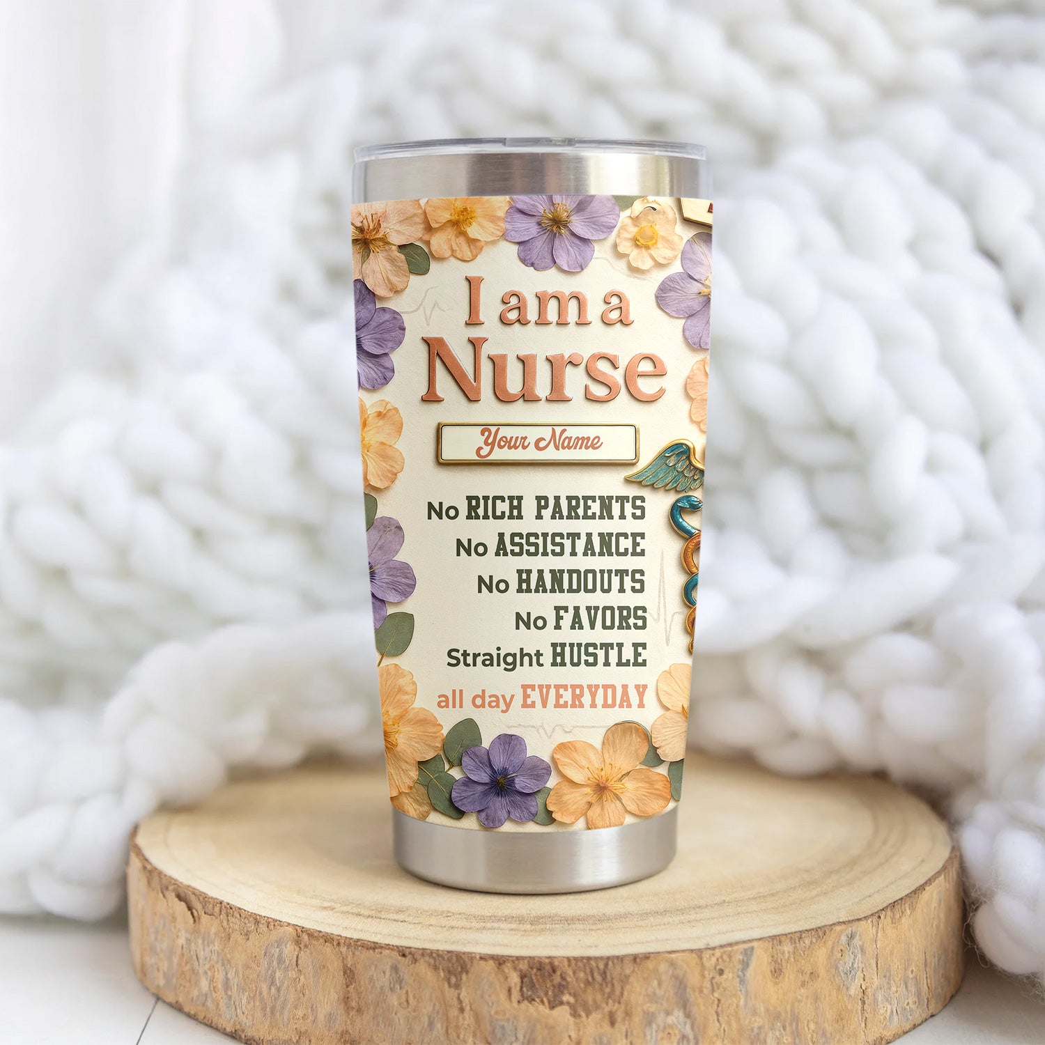 Personalized Nurse Life Tumbler For Her - Funny Hustle Quote for RN LPN CNA - Cute Floral & Nutrition Facts Design
