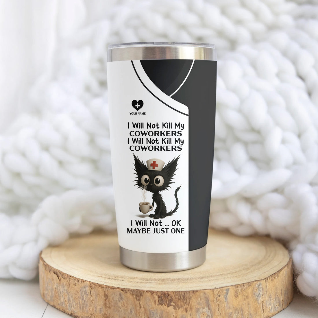 Custom Name Nurse Tumbler - Sarcastic Cat and Coffee Design for RN LPN CNA - Funny Medical Coworker Gift