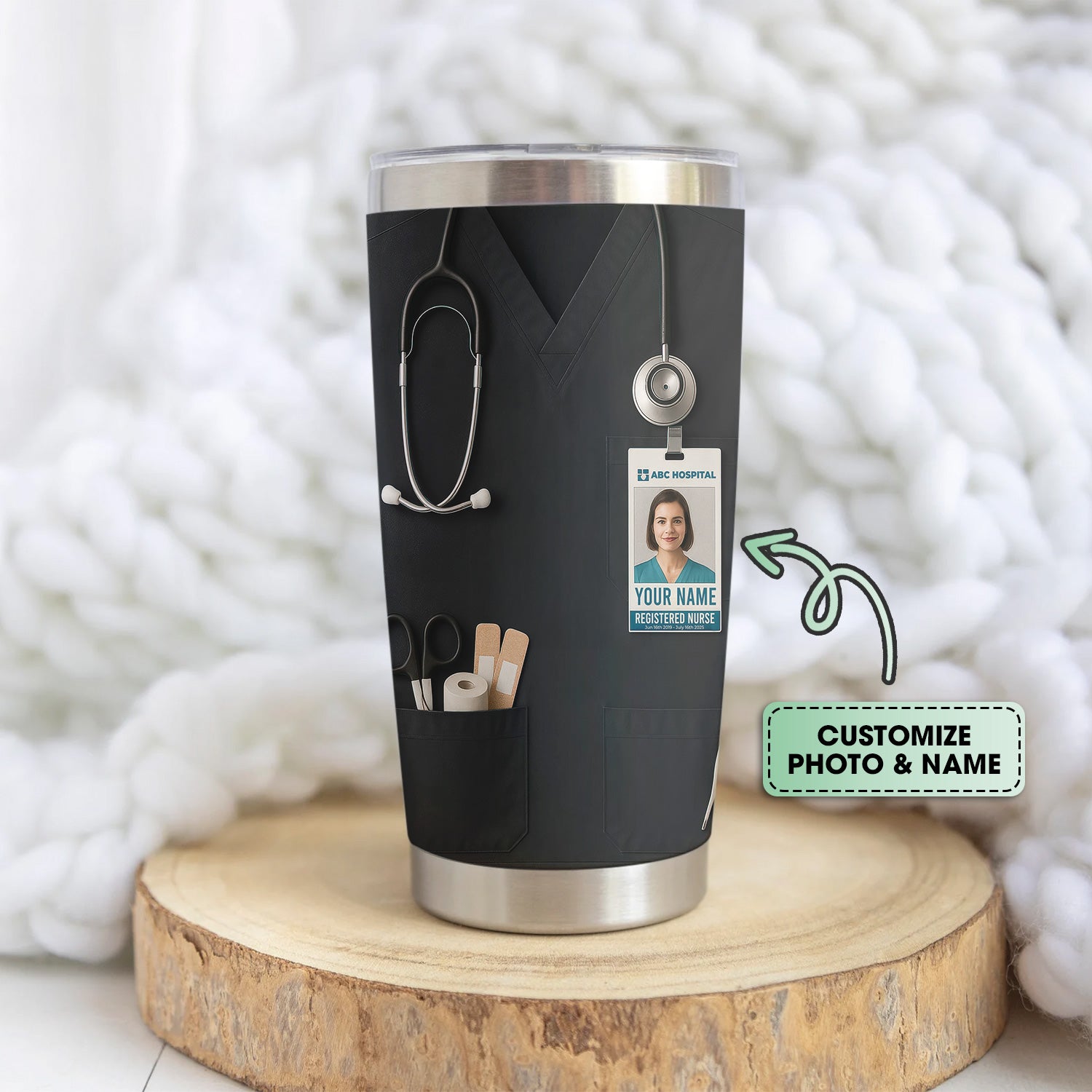 Custom Nurse Tumbler - Stethoscope & Hospital ID Badge Design - Personalized Gift with Custom Text & Photo for RN CNA LPN Healthcare Workers