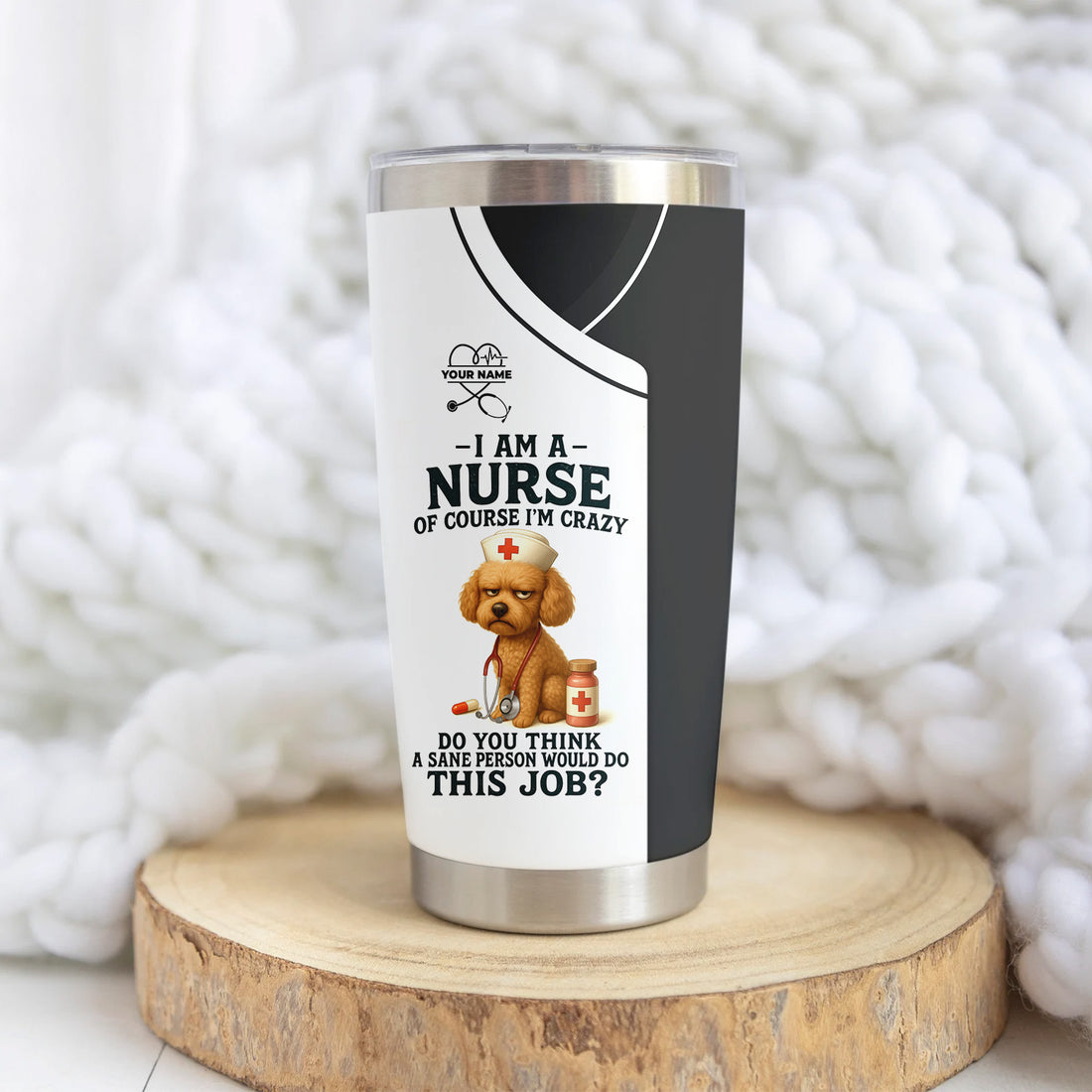 Funny Nurse Tumbler with Poodle - Personalized 20oz Stainless Steel Cup - Custom Name Humorous Gift for RN LPN CPN Dog Lover