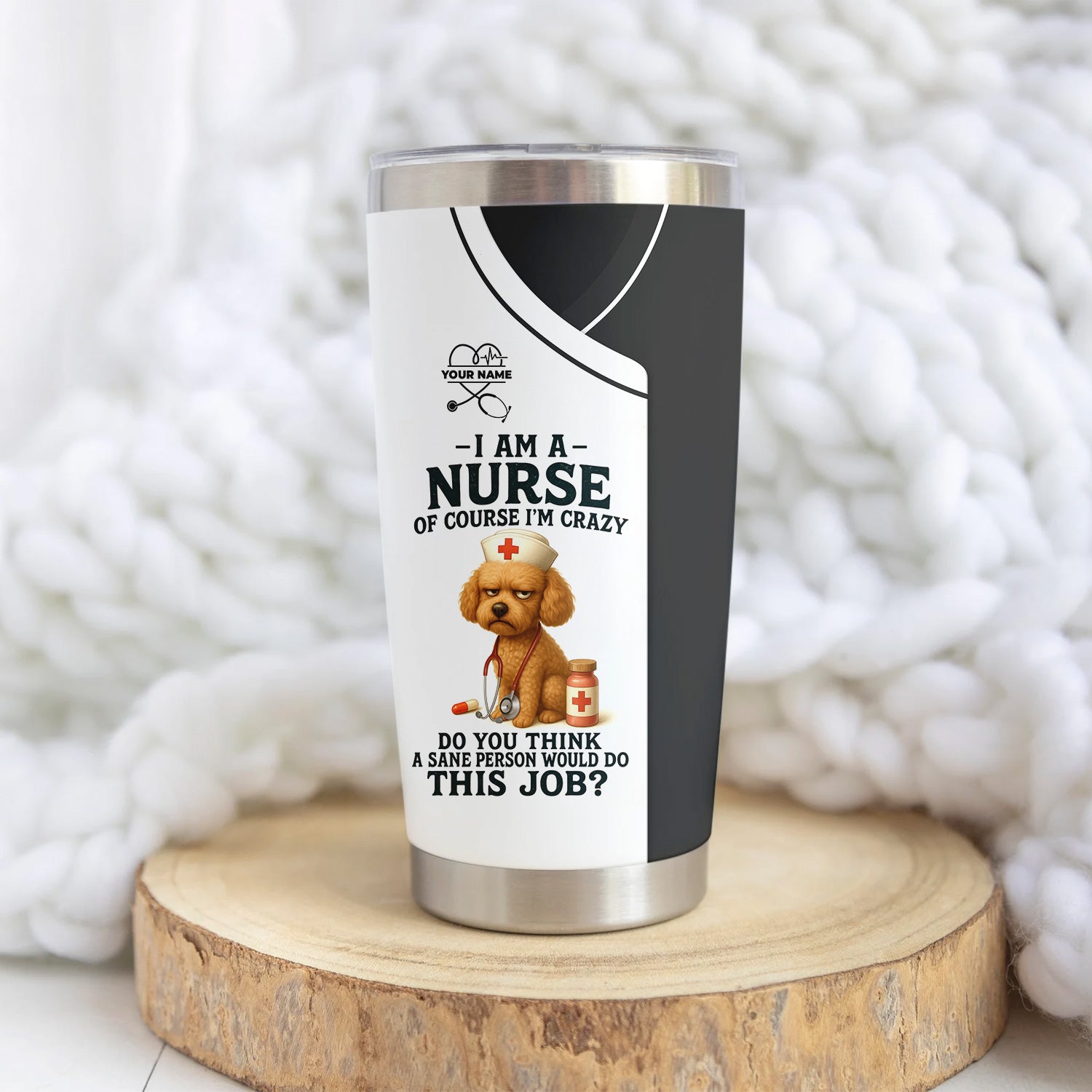 Funny Nurse Tumbler with Poodle - Personalized 20oz Stainless Steel Cup - Custom Name Humorous Gift for RN LPN CPN Dog Lover
